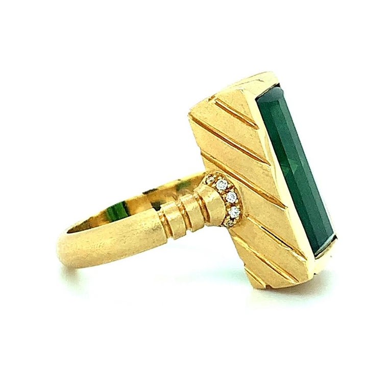 Uncut 9.13 Carat Fantasy Cut Rectangular Green Tourmaline Diamond Yellow Gold Ring  For Sale