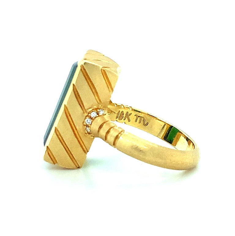 9.13 Carat Fantasy Cut Rectangular Green Tourmaline Diamond Yellow Gold Ring  For Sale 3
