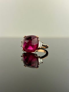 9.13 Carat Pink Tourmaline Sugarloaf and Diamond Three Stone Engagement Ring