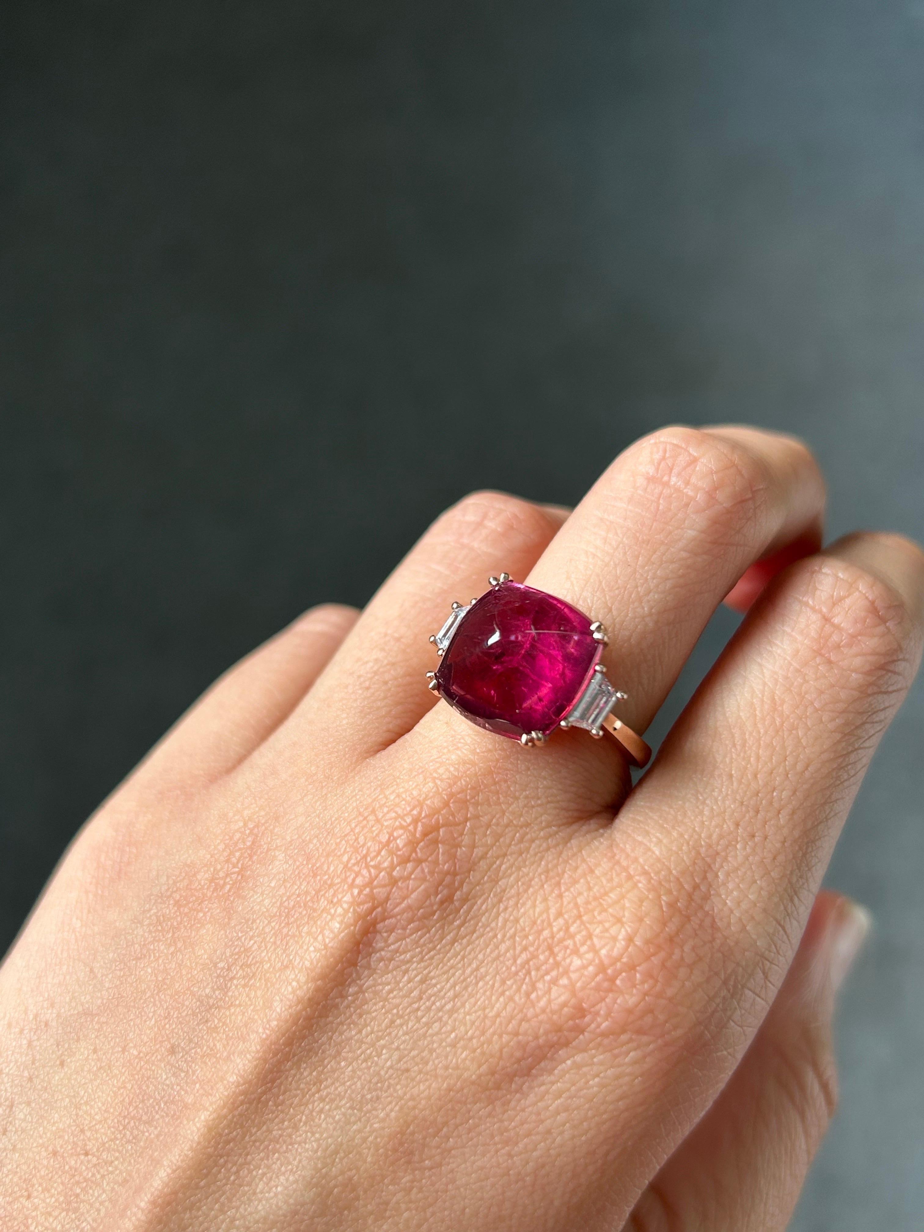 Sugarloaf Cabochon 9.13 Carat Pink Tourmaline Sugarloaf and Diamond Three Stone Engagement Ring For Sale