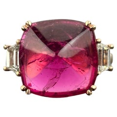 9.13 Carat Pink Tourmaline Sugarloaf and Diamond Three Stone Engagement Ring