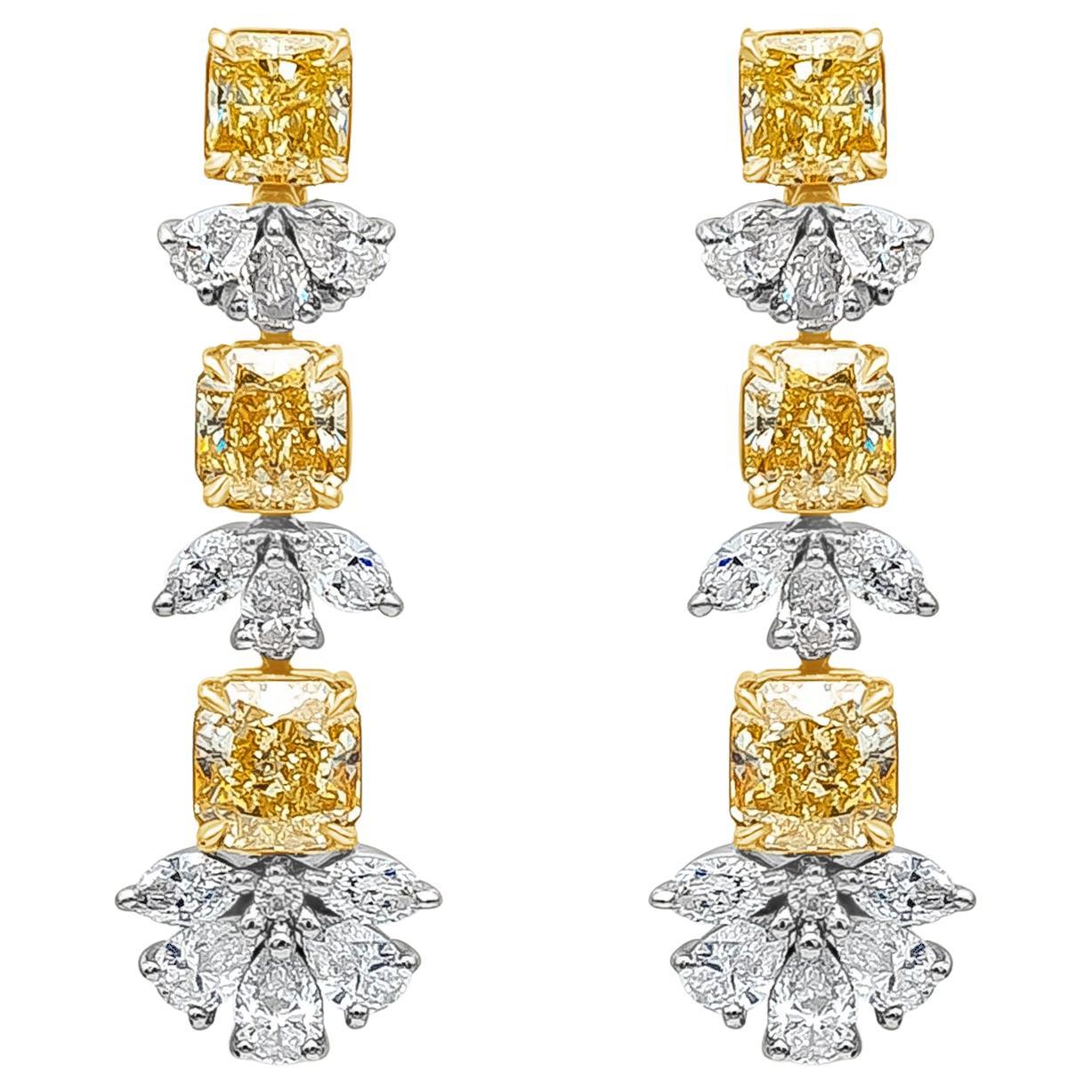 9.13 Carat Total Mixed Cut Fancy Yellow and White Diamond Drop Earrings