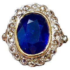 9.13 Carat Victorian Style Blue Sapphire Ring with Rose Cut Diamonds 18k Gold