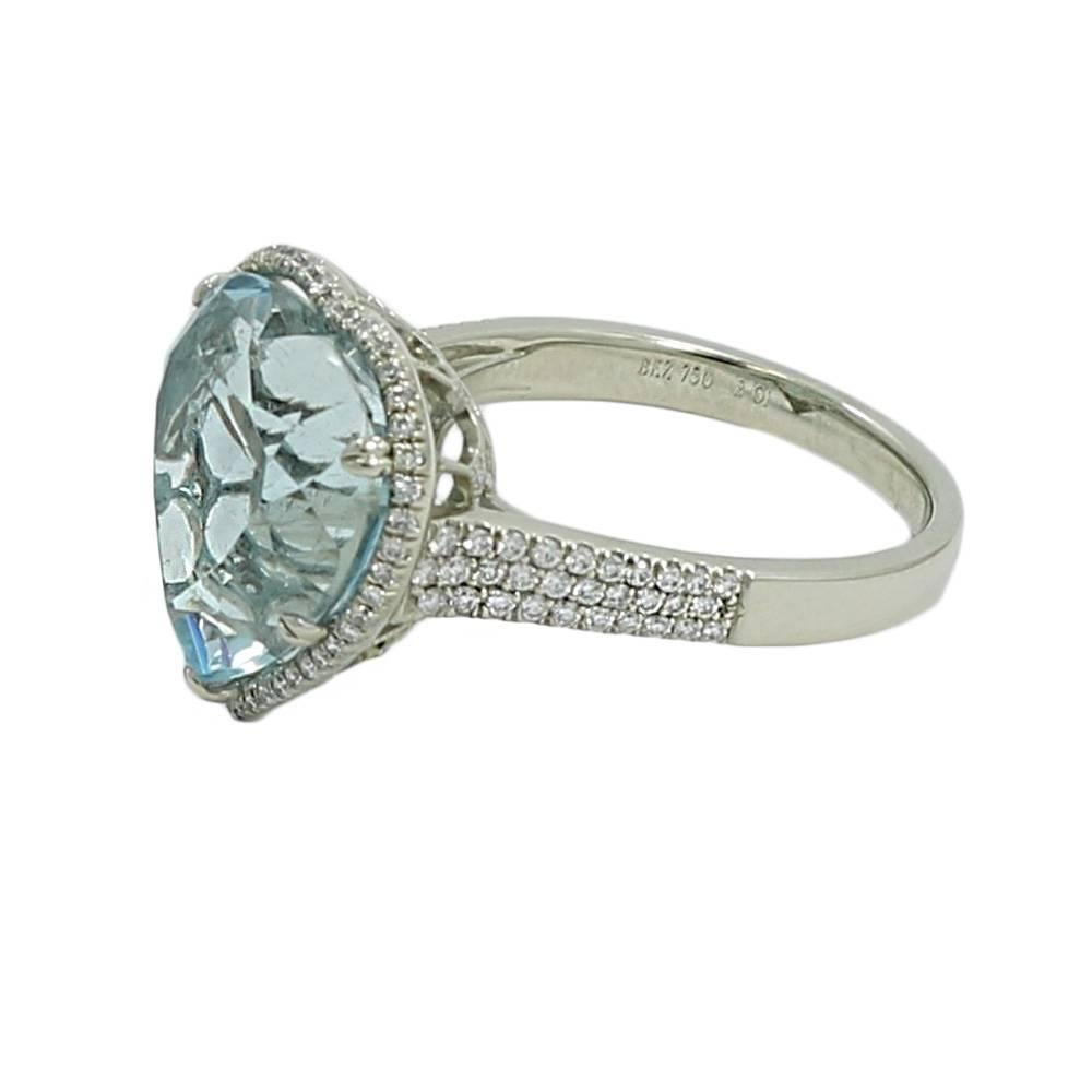 Bez Ambar Heart Shaped Aquamarine and Diamond Ring. The Aquamarine Weighs 9.14 Carat And The 115 Side Diamonds Weigh Approximately .46 Carats Total Weight Venetian 18K White Gold Mounting. The Ring Sits At A 7 And Weighs A Total Of 7.2 Grams.  