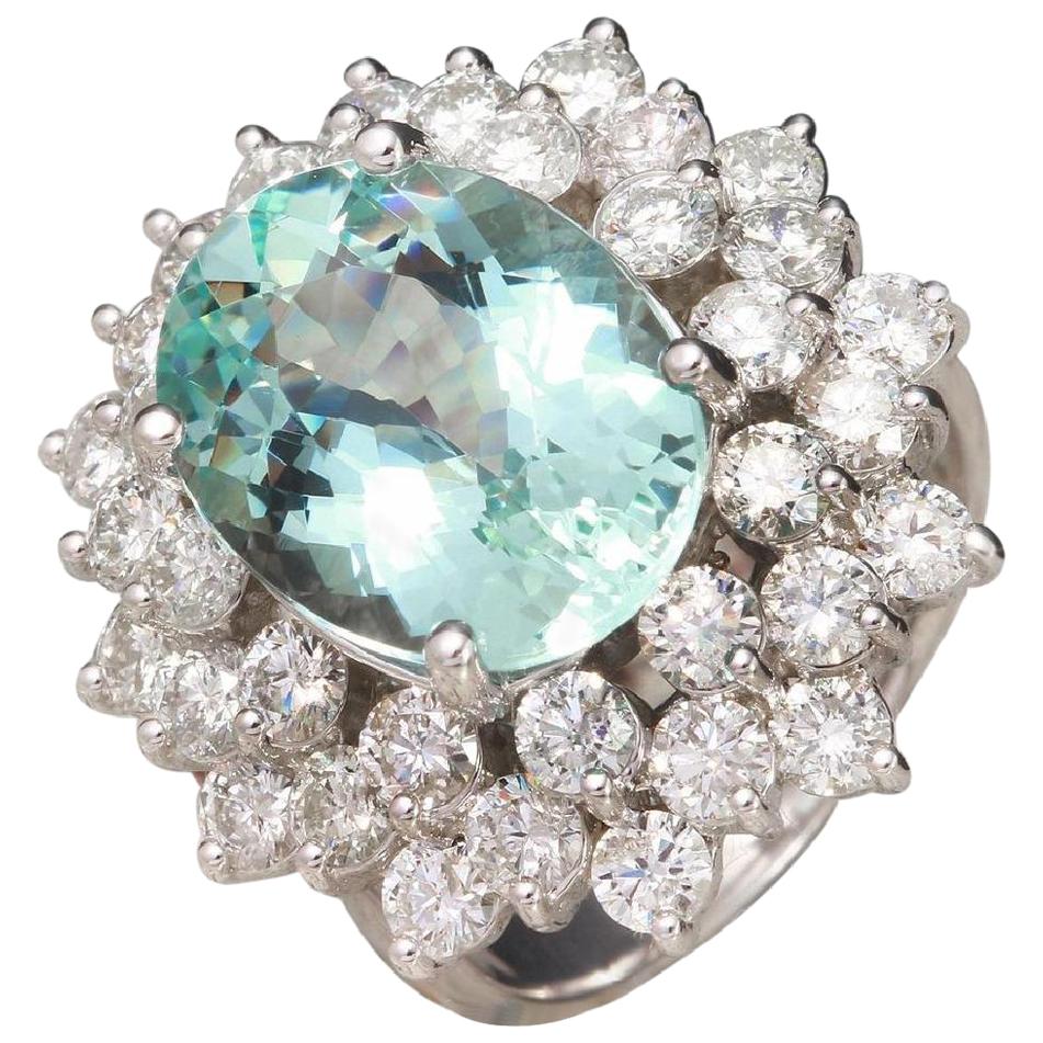9.14 Carat Natural Aquamarine and Diamond 14 Karat Solid White Gold Ring For Sale
