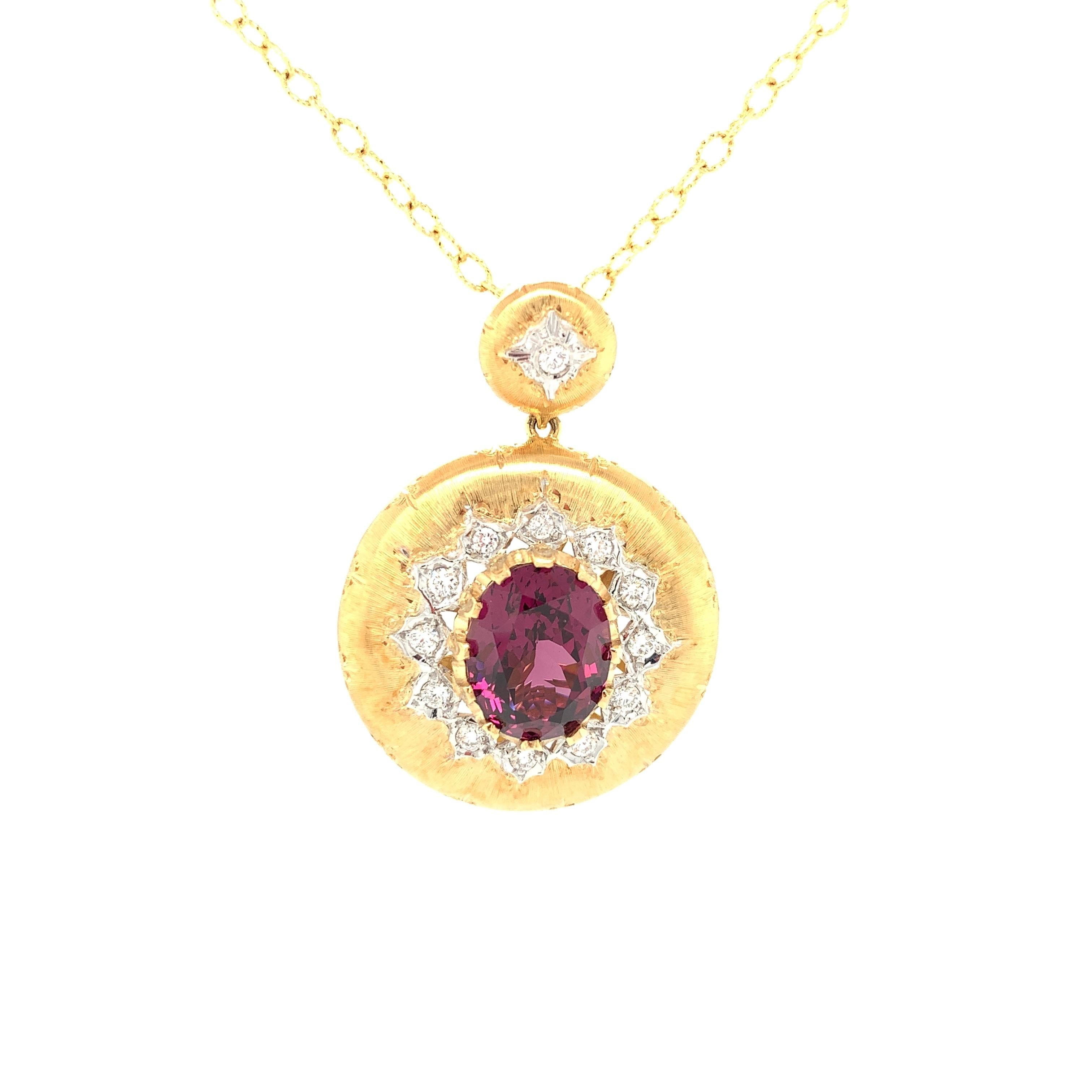 Nature created garnets in a variety of colors, and one of the most popular is the purplish red variety called rhodolite, like the one featured in this beautiful pendant. Our artisan jewelers in Italy created this handmade necklace in a timeless