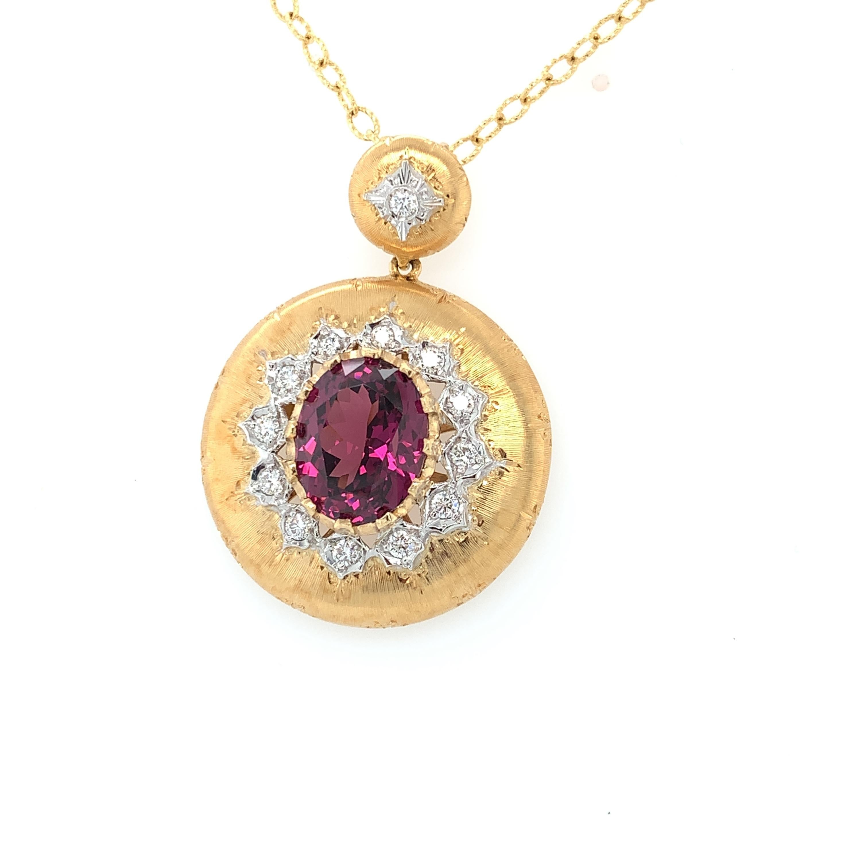 Artisan 9.14 ct. Rhodolite Garnet and Diamond Florentine Design Necklace in Yellow Gold