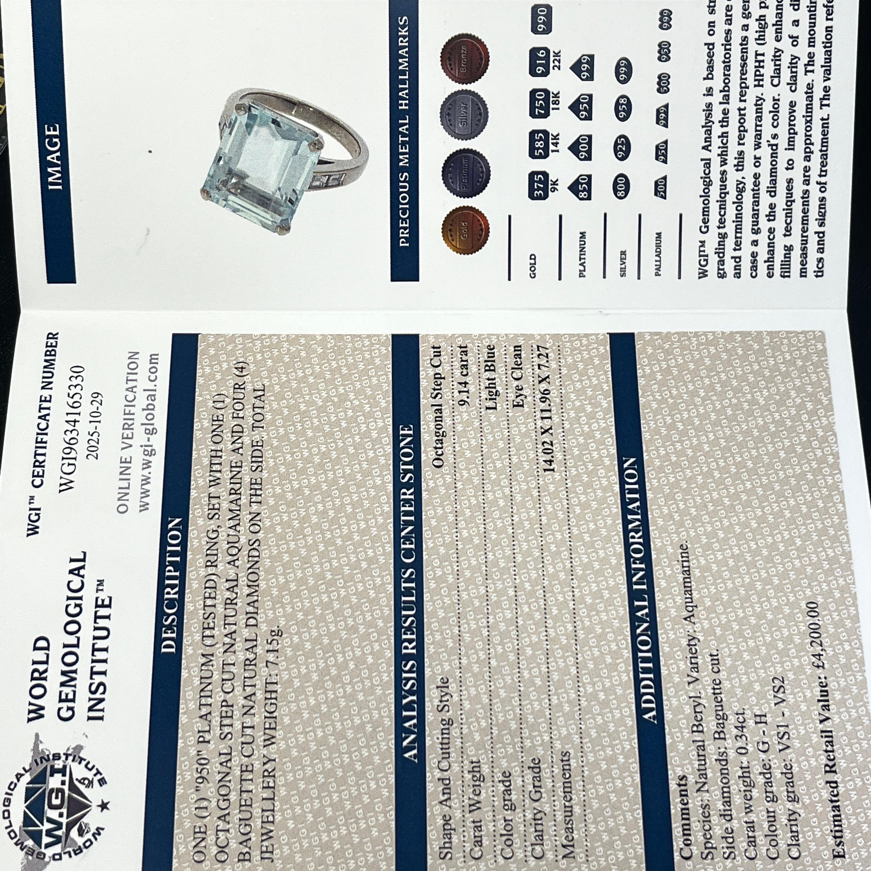 9,14ct Aquamarin Ring Set in Platin mit 4 Baguette Diamanten auf Schultern im Angebot 2