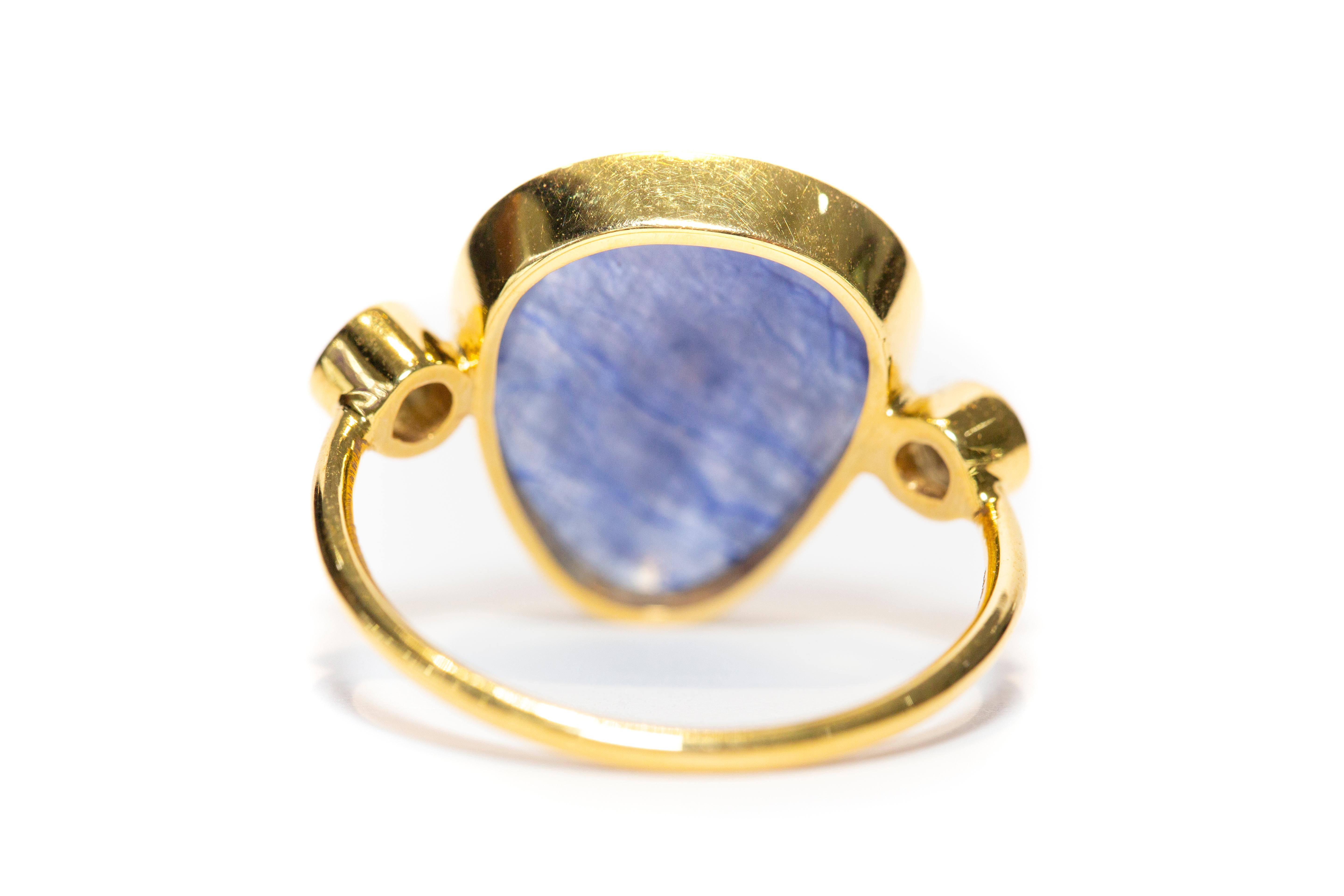 9.15 Carat Blue Sapphire Diamond Rose Cut 18 KT Yellow Gold Artisan Ring  For Sale 2