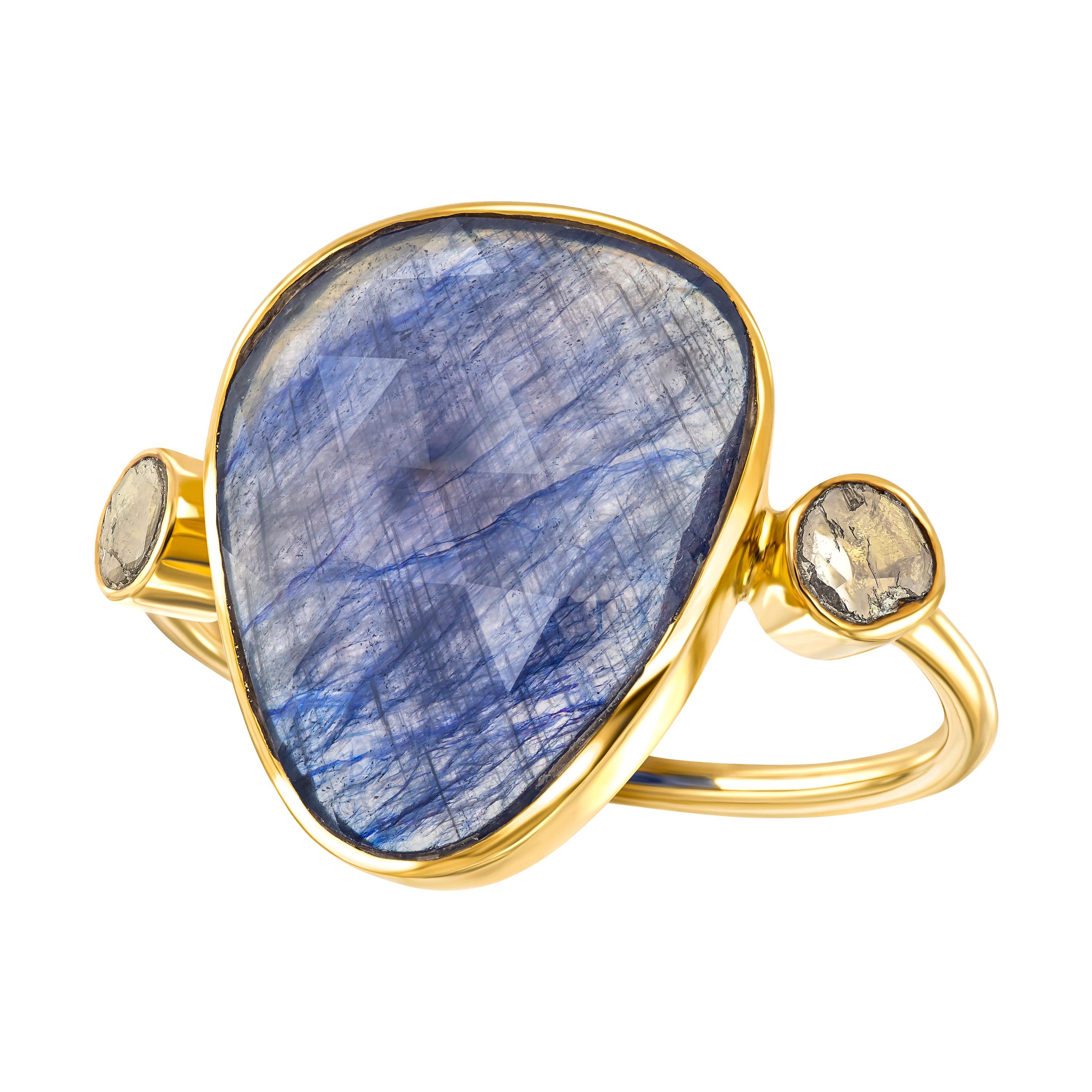 9.15 Carat Blue Sapphire Diamond Rose Cut 18 KT Yellow Gold Artisan Ring 