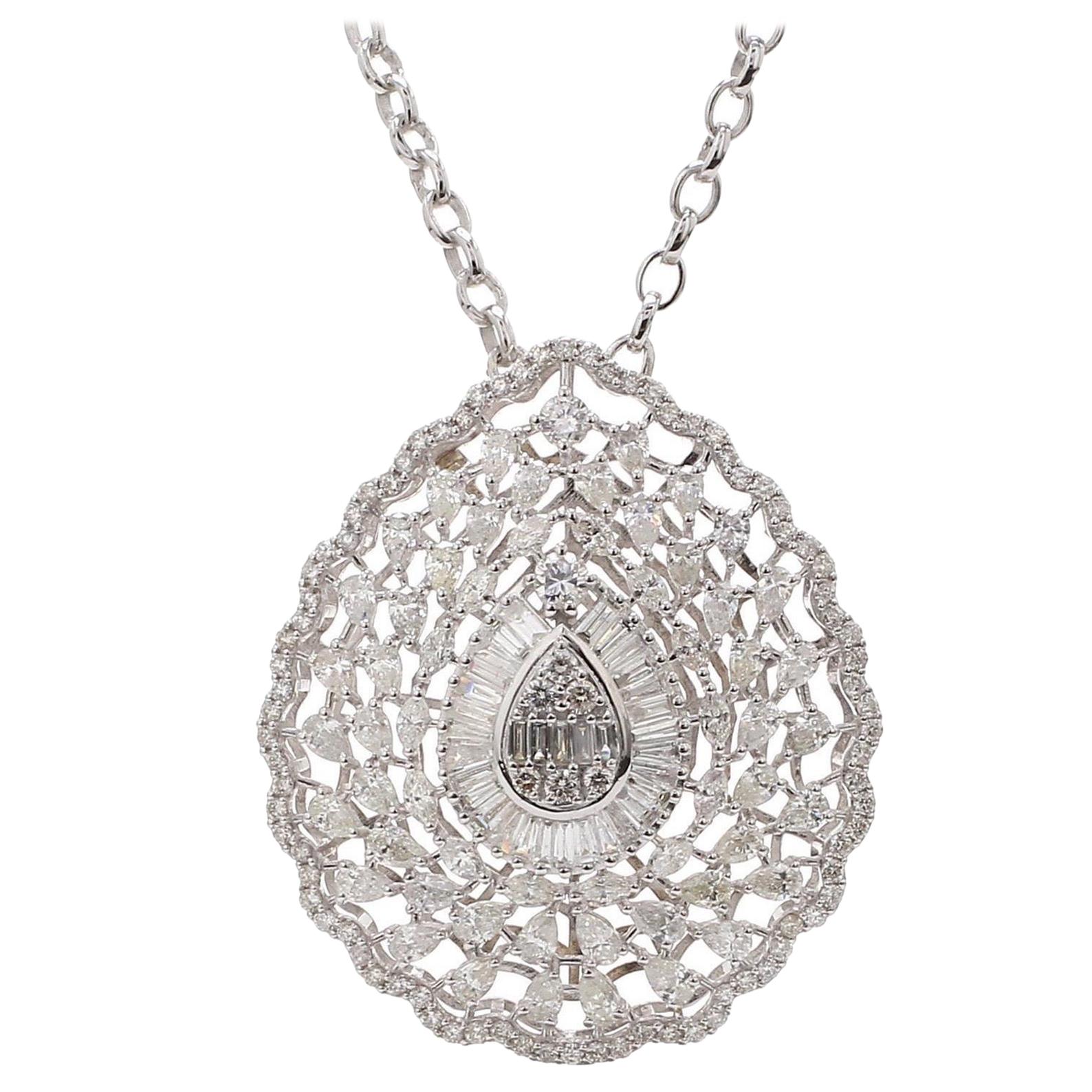 9.15 Carat Diamond 14 Karat White Gold Taj Necklace For Sale