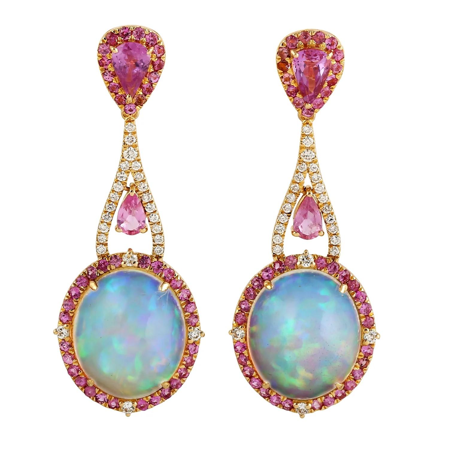Contemporary 9.15 carat Ethiopian Opal Pink Sapphire Diamond 18 Karat Gold Earrings For Sale