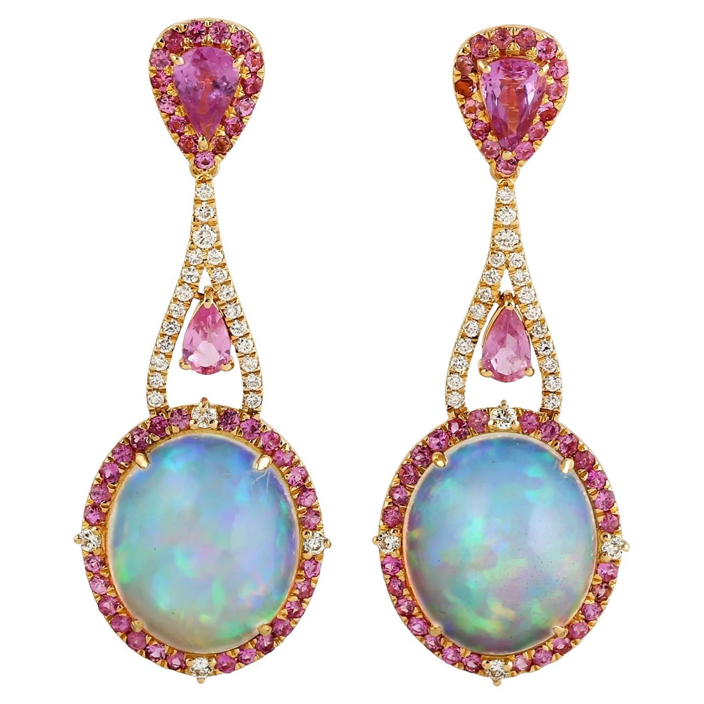 9.15 carat Ethiopian Opal Pink Sapphire Diamond 18 Karat Gold Earrings For Sale