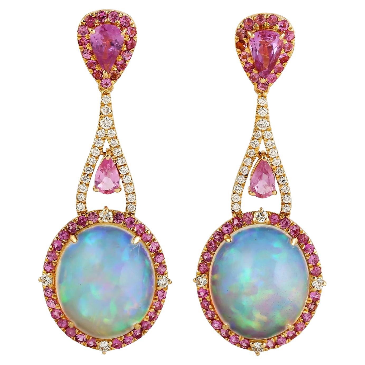 9.15 carat Ethiopian Opal Pink Sapphire Diamond 14 Karat Gold Earrings