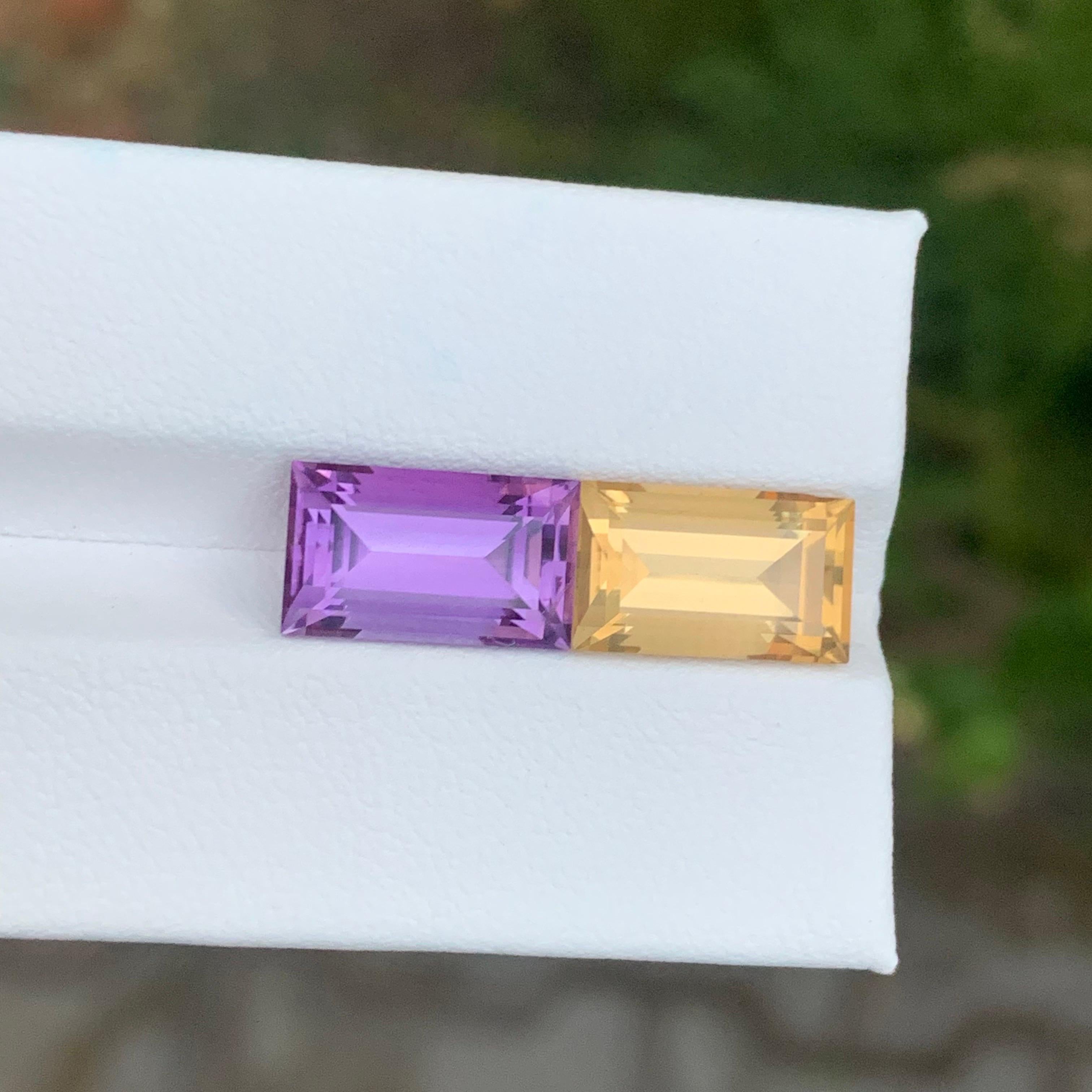 Coppie invertite

A. Stone: Ametista e Citrino
Peso: 9,15 carati
Dimensioni: 12,6 x 7,5 x 6,3 mm 
                      12.7 x 7.5 x 6.5 Mm 
Origine: Brasile
Forma: Baguette 
Colore: giallo e viola
Trattamento: Non

Sia l'ametista che il citrino