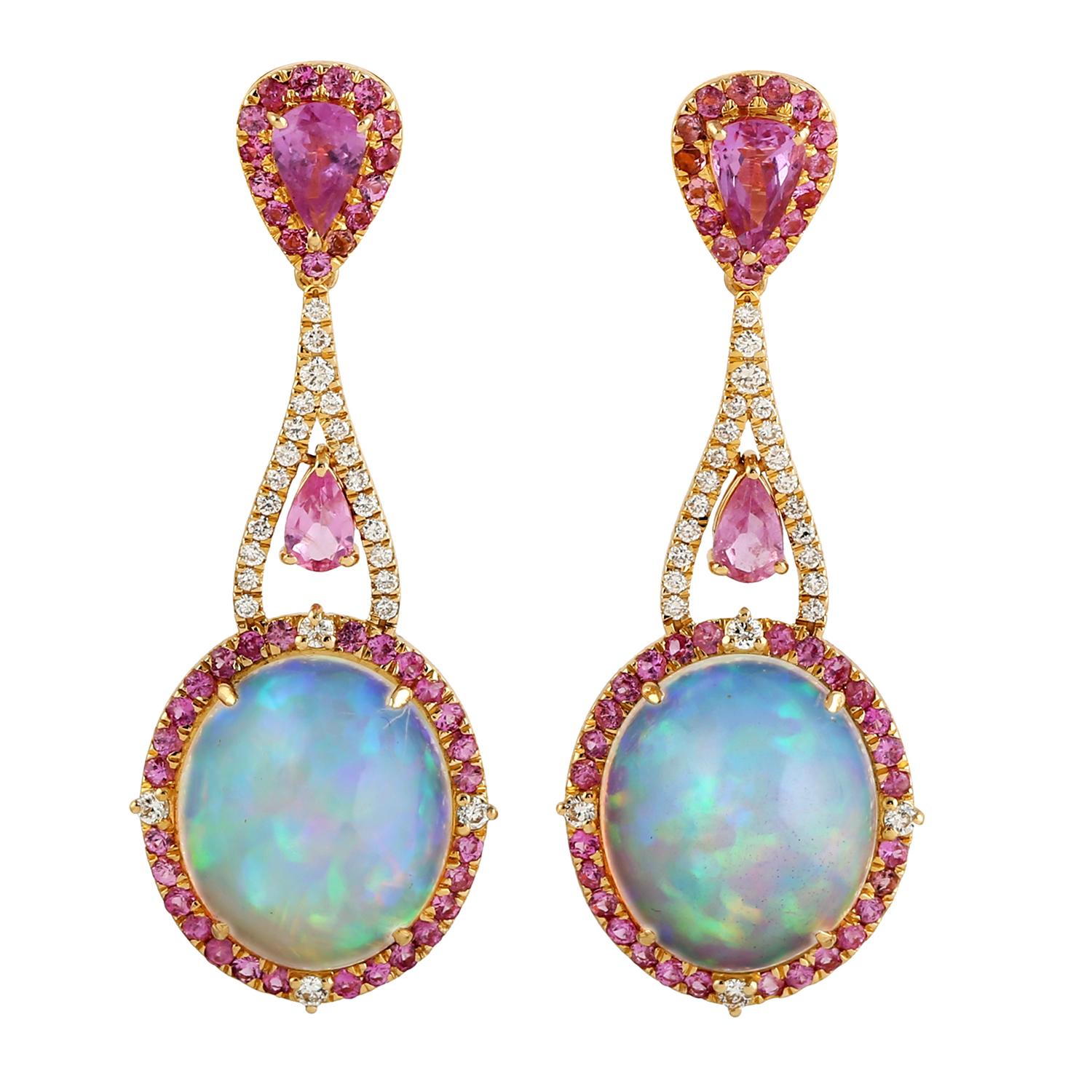 Contemporary 9.15 Carat Opal Pink Sapphire Diamond 14 Karat Gold Earrings For Sale