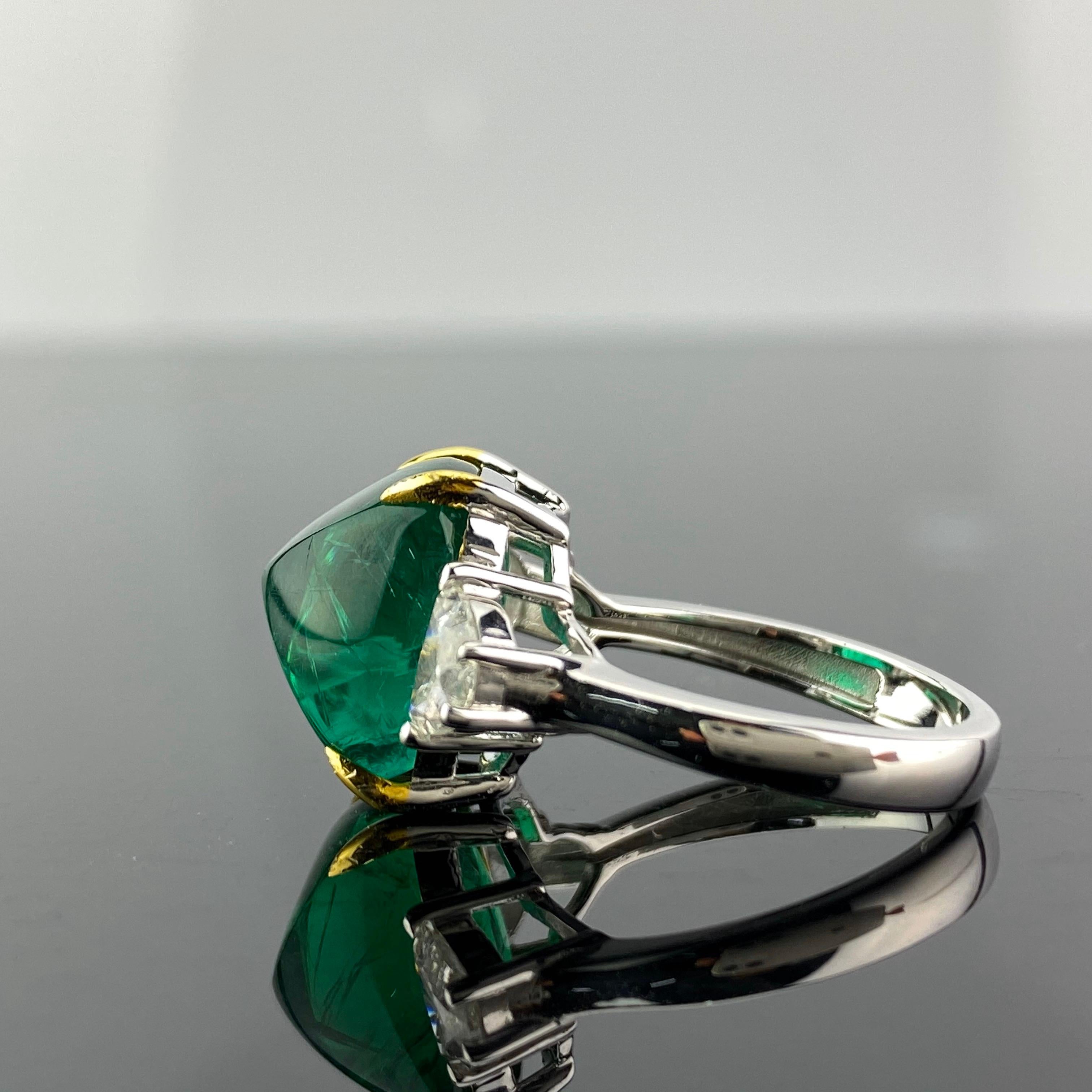 Modern 9.15 Carat Sugarloaf Emerald and Diamond Three-Stone Engagement Ring