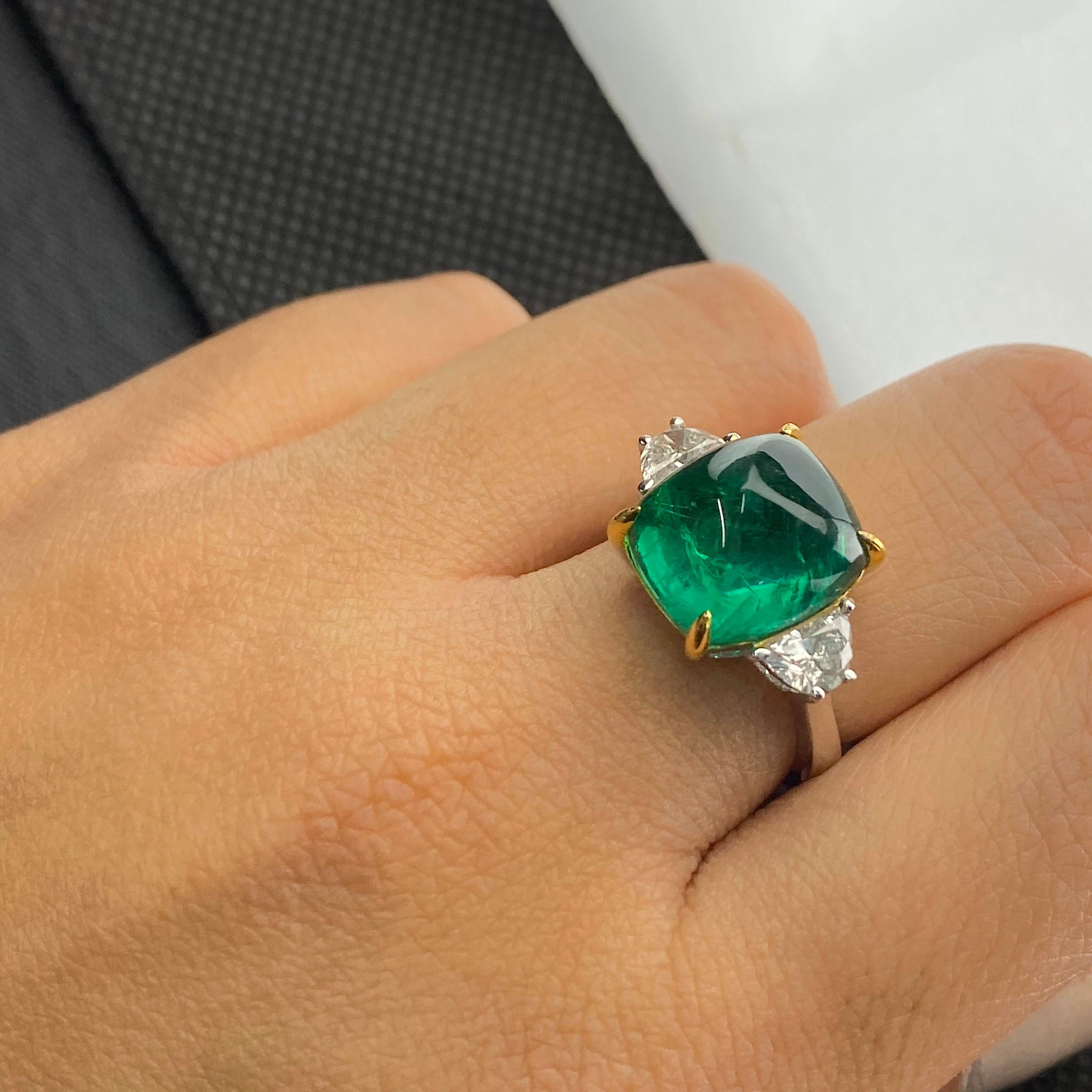 Cushion Cut 9.15 Carat Sugarloaf Emerald and Diamond Three-Stone Engagement Ring