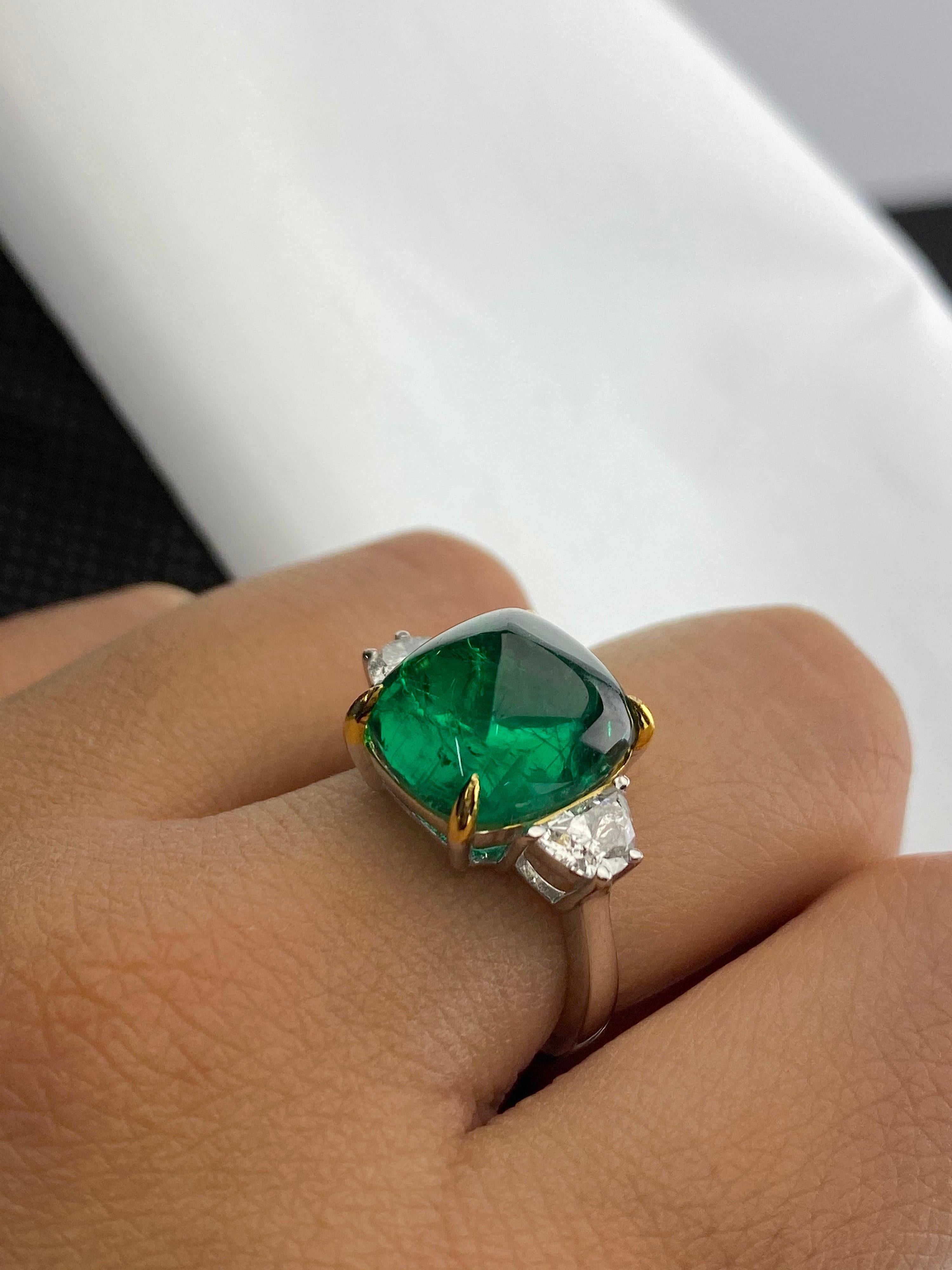 Cushion Cut Certified 9.15 Carat Sugarloaf Emerald and Diamond Three-Stone Engagement Ring
