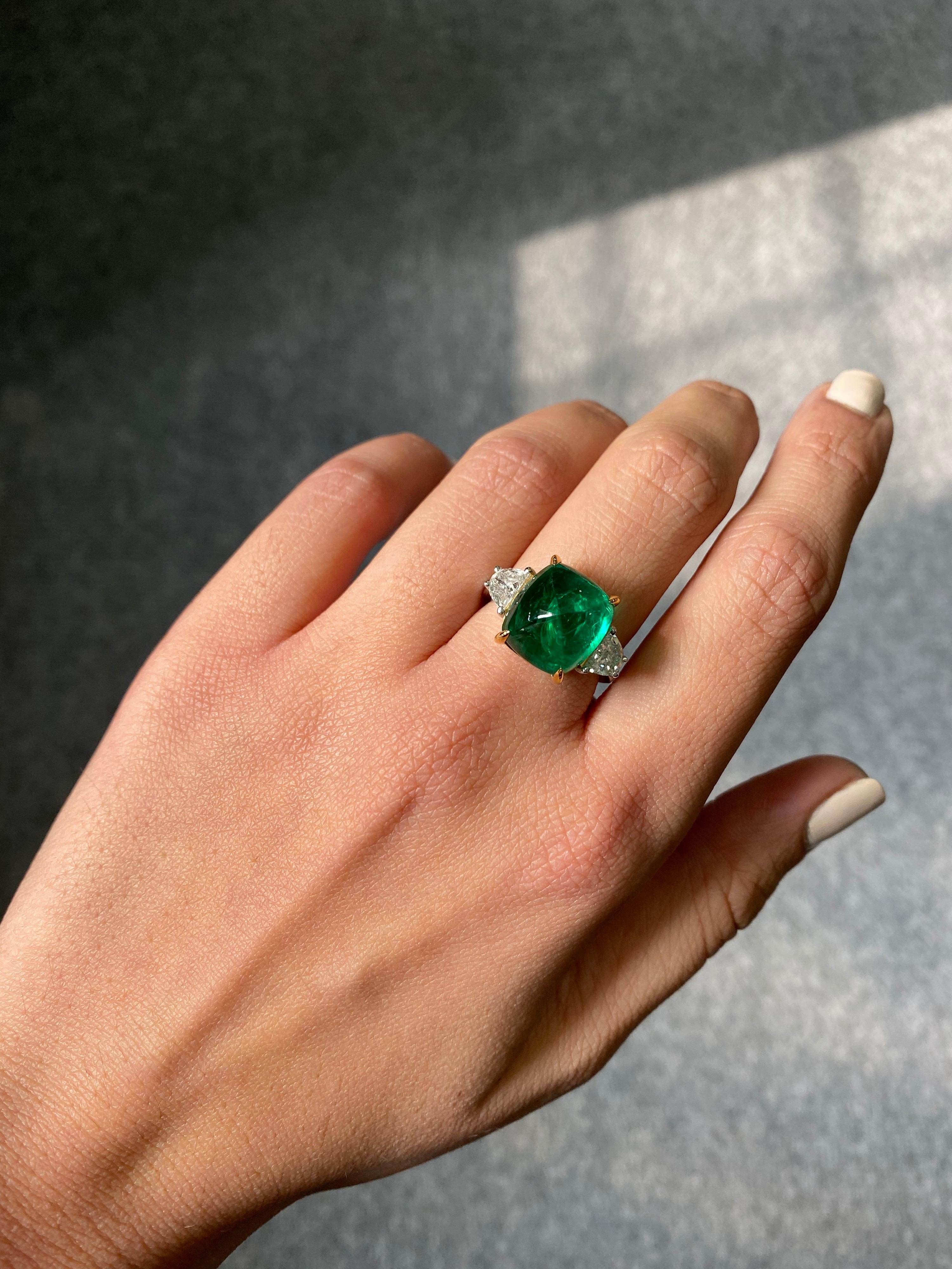 9.15 Carat Sugarloaf Emerald and Diamond Three-Stone Engagement Ring 1