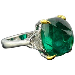 Certified 9.15 Carat Sugarloaf Emerald and Diamond Three-Stone Engagement Ring