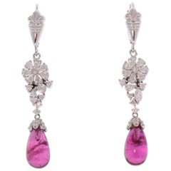 9.15 Carat Total Briolette Rubelite and Diamond Earrings in 18 Karat White Gold
