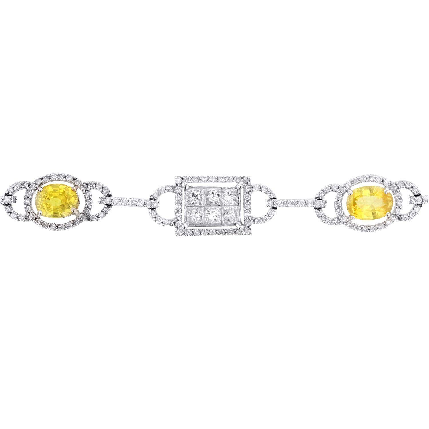 Completed in RTF electronically tested 18KT white gold ladies cast & assembled yellow sapphire and diamond necklace.  Sixteen and one-quarter inch length necklace features a stylized flexible yellow sapphire and diamond ribbon, terminating in a