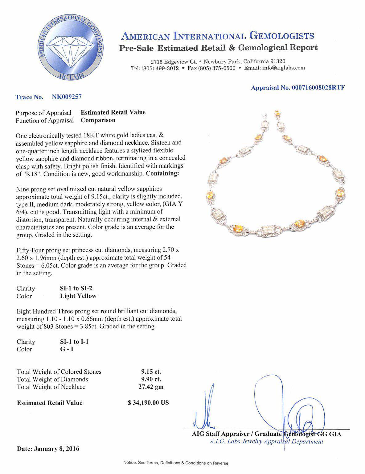 Women's 9.15 Carat Yellow Sapphire 18 Karat White Gold Necklace For Sale