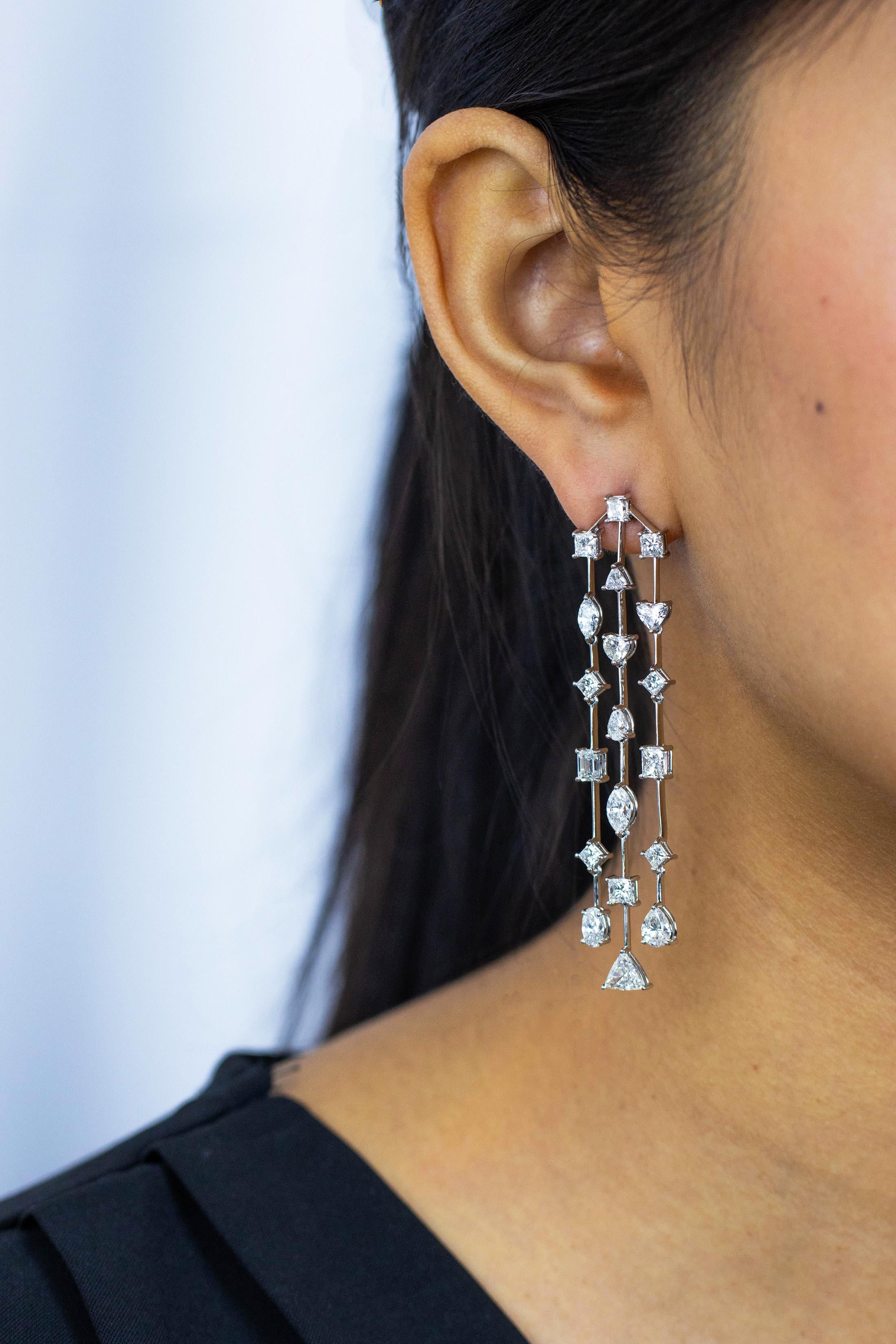 Mixed Cut 9.15 Carats Total Triple Column Fancy Cut Diamonds Drop Chandelier Earrings For Sale