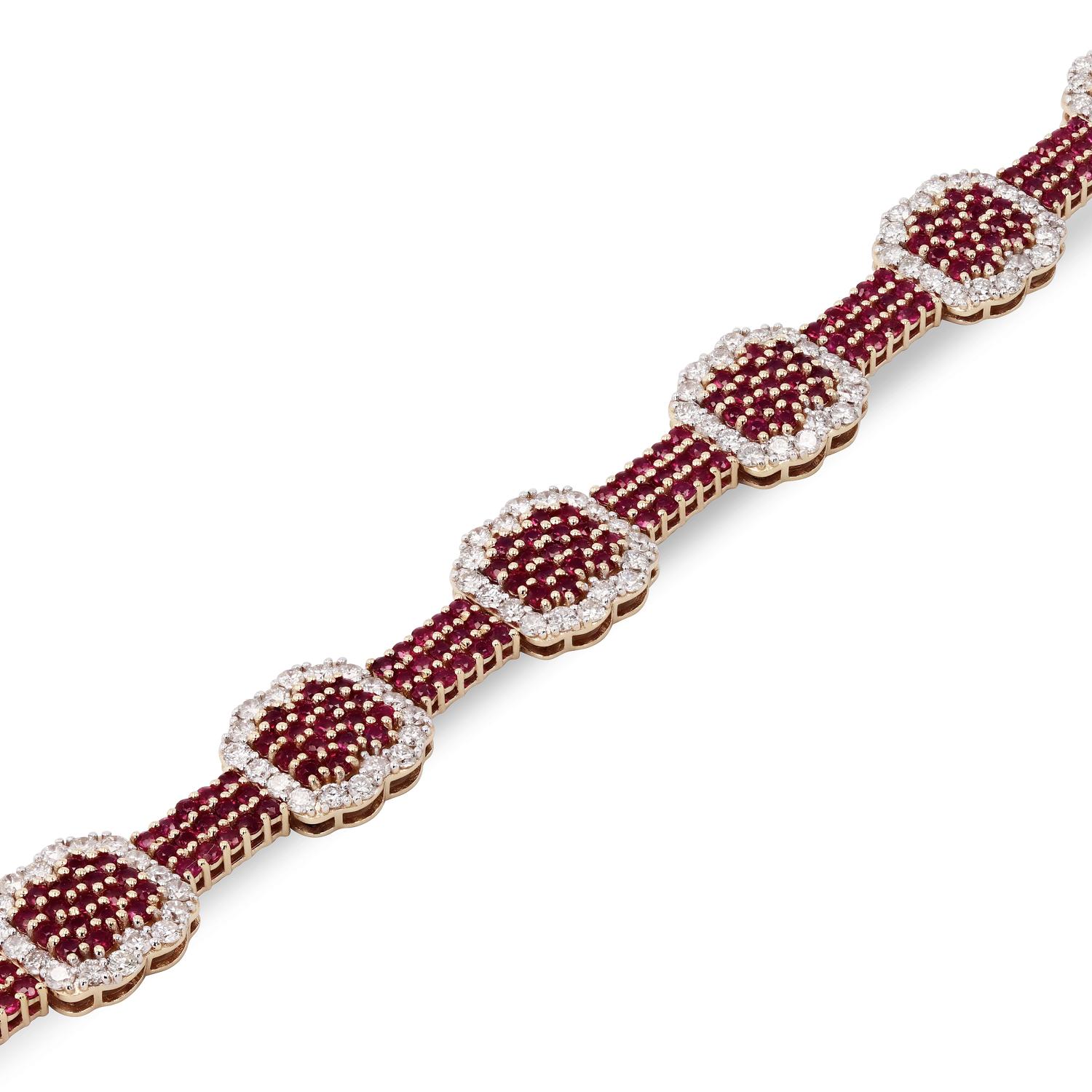 One 14k Yellow Gold Lady's Custom Diamond And Rubies Bracelet. 25.20 Gram. Tw. 7.5