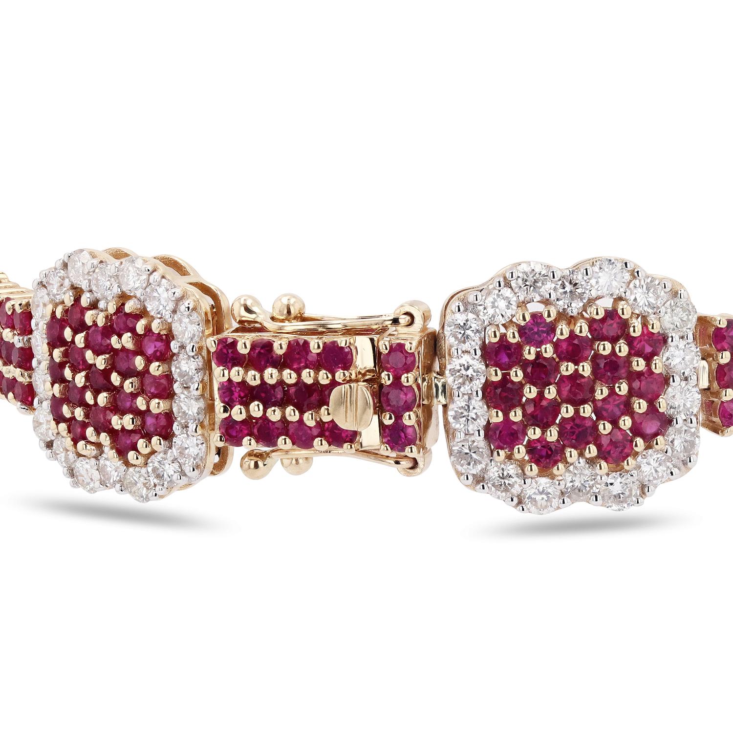 Brilliant Cut 9.15ctw Ruby and 5.00ctw Diamond 14k Yellow Gold Bracelet For Sale