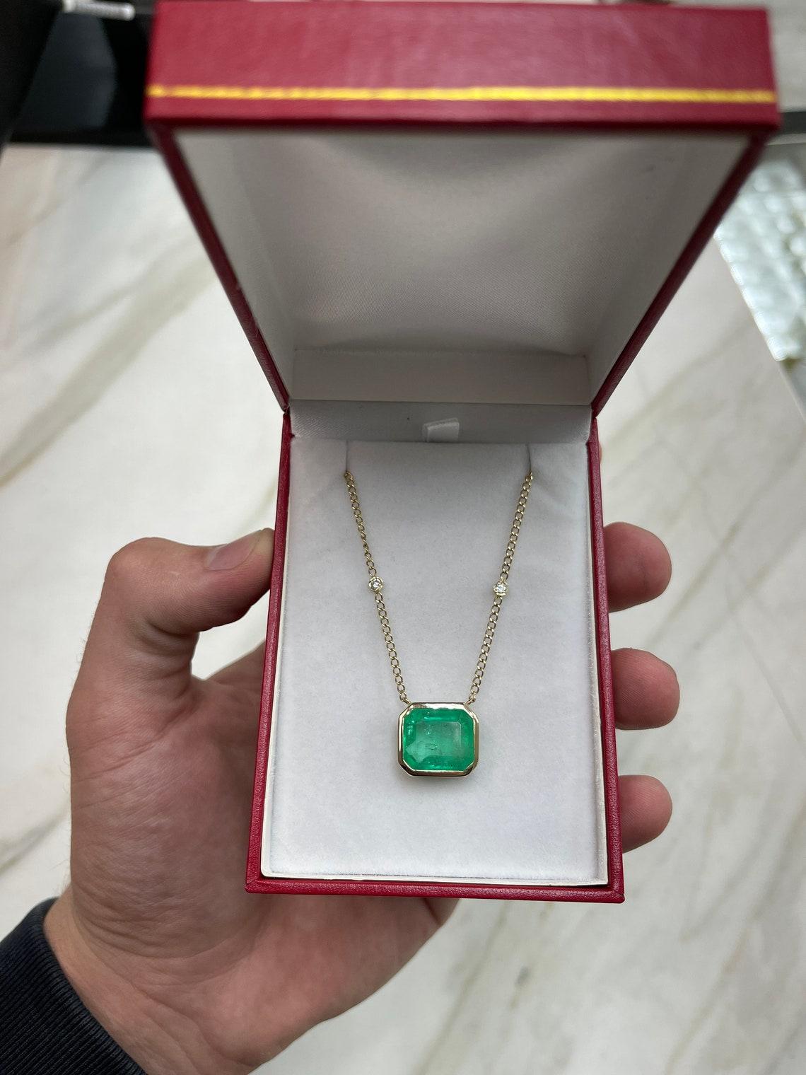 9.15tcw 14K Colombian Emerald-Emerald Cut Solitaire Diamond Accent Pendant In New Condition For Sale In Jupiter, FL