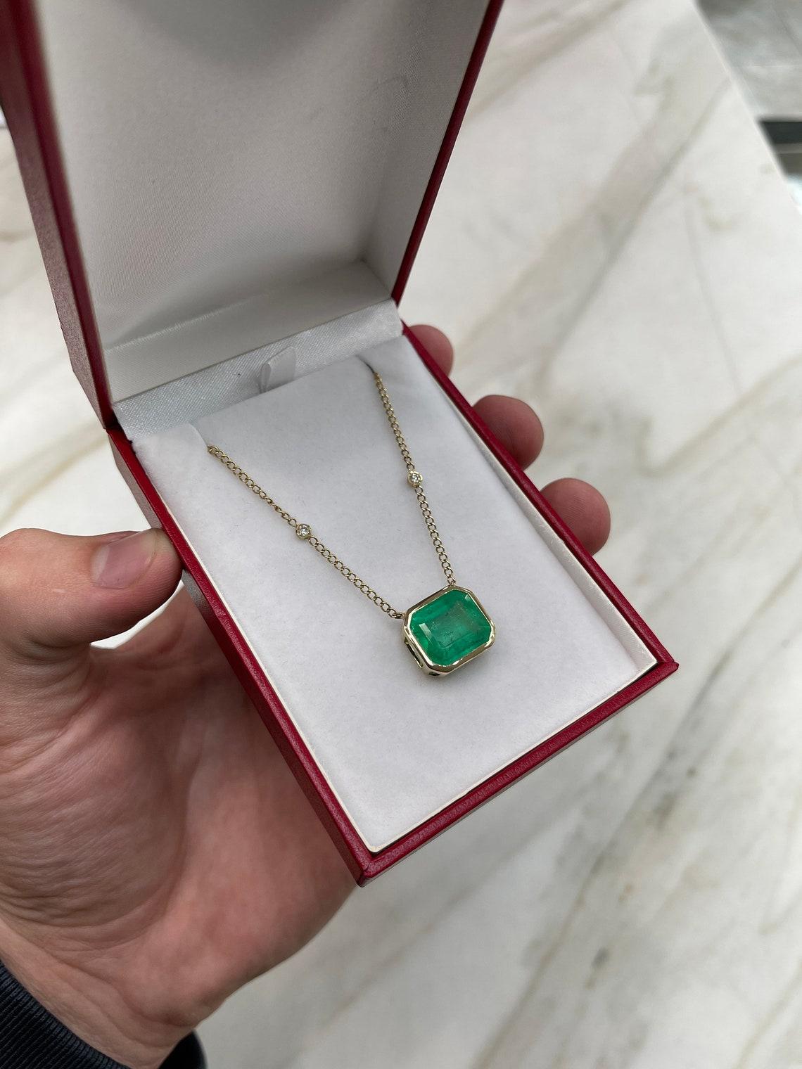 9.15tcw 14K Colombian Emerald-Emerald Cut Solitaire Diamond Accent Pendant For Sale 1