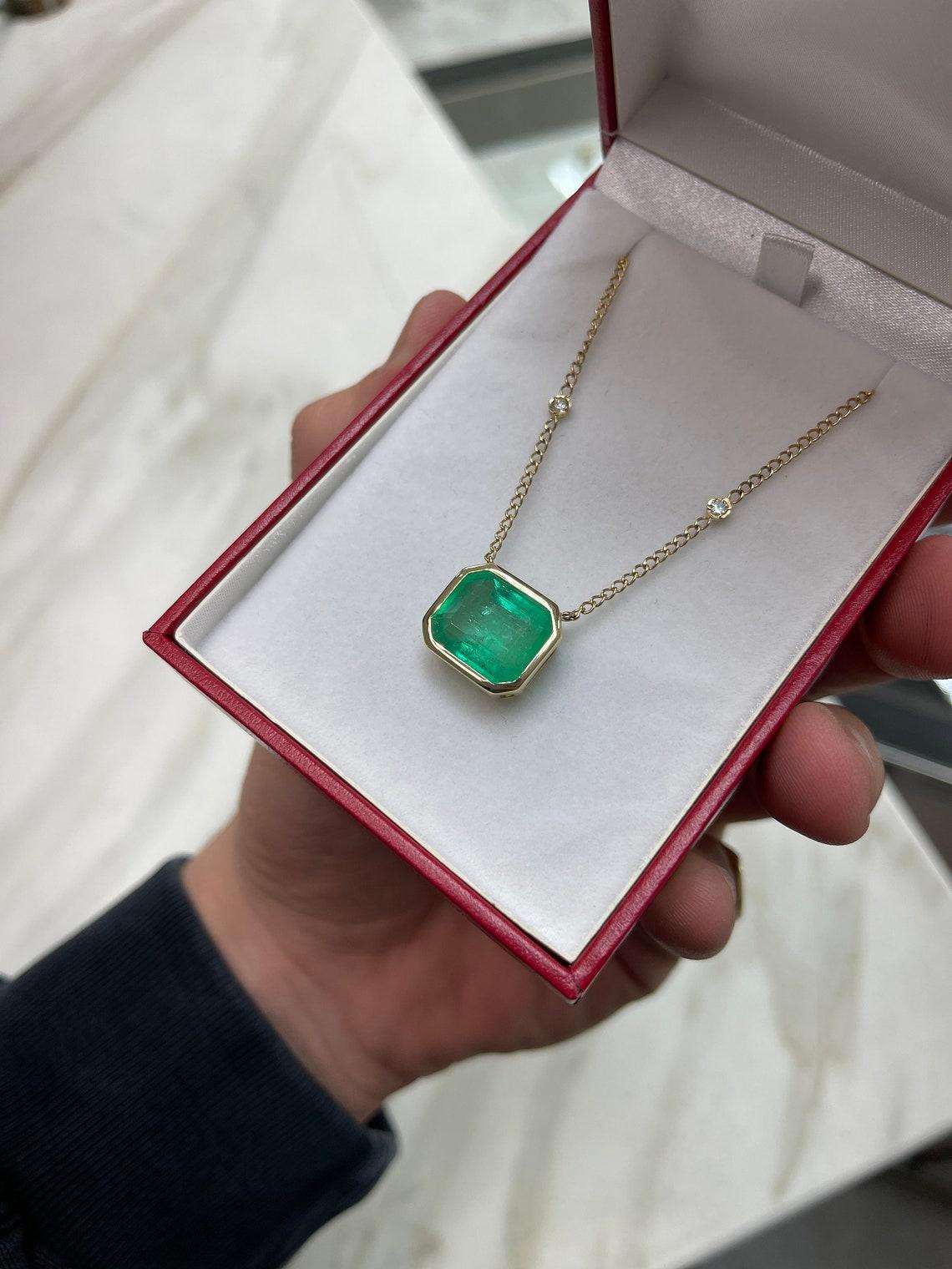 9.15tcw 14K Colombian Emerald-Emerald Cut Solitaire Diamond Accent Pendant For Sale 2