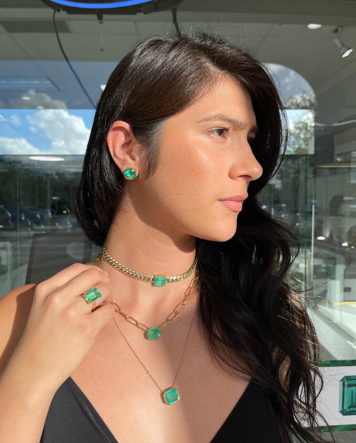 9.15tcw 14K Colombian Emerald-Emerald Cut Solitaire Diamond Accent Pendant For Sale 3