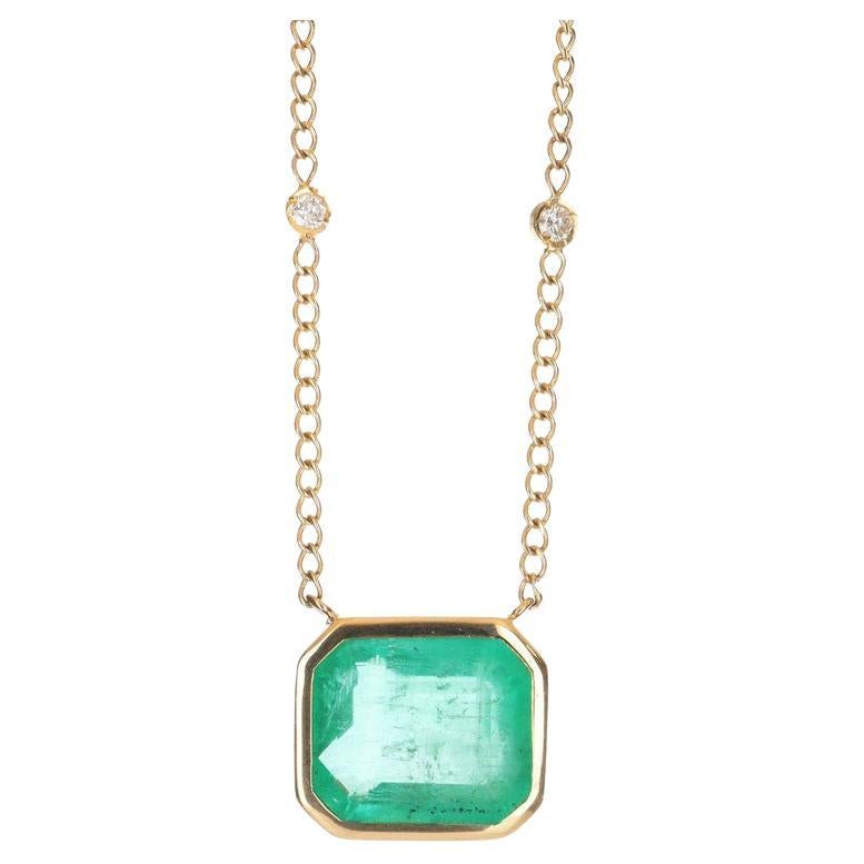 9.15tcw 14K Colombian Emerald-Emerald Cut Solitaire Diamond Accent Pendant For Sale