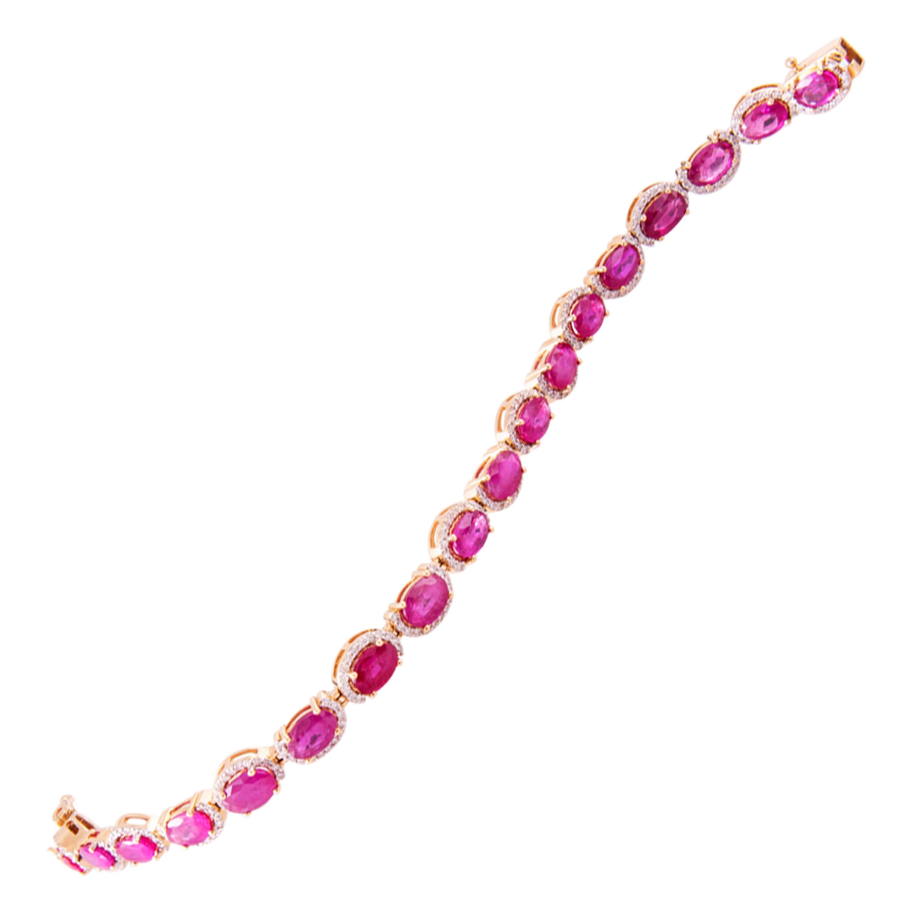 Bracelet tennis en or 18 carats avec diamants et rubis rose naturel de 9,16 carats en vente