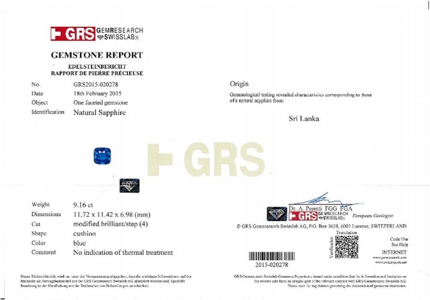 9,16 Karat unerhitzter blauer Saphir im Kissenschliff (Ceylon) Diamantring - GRS zertifiziert im Angebot 1