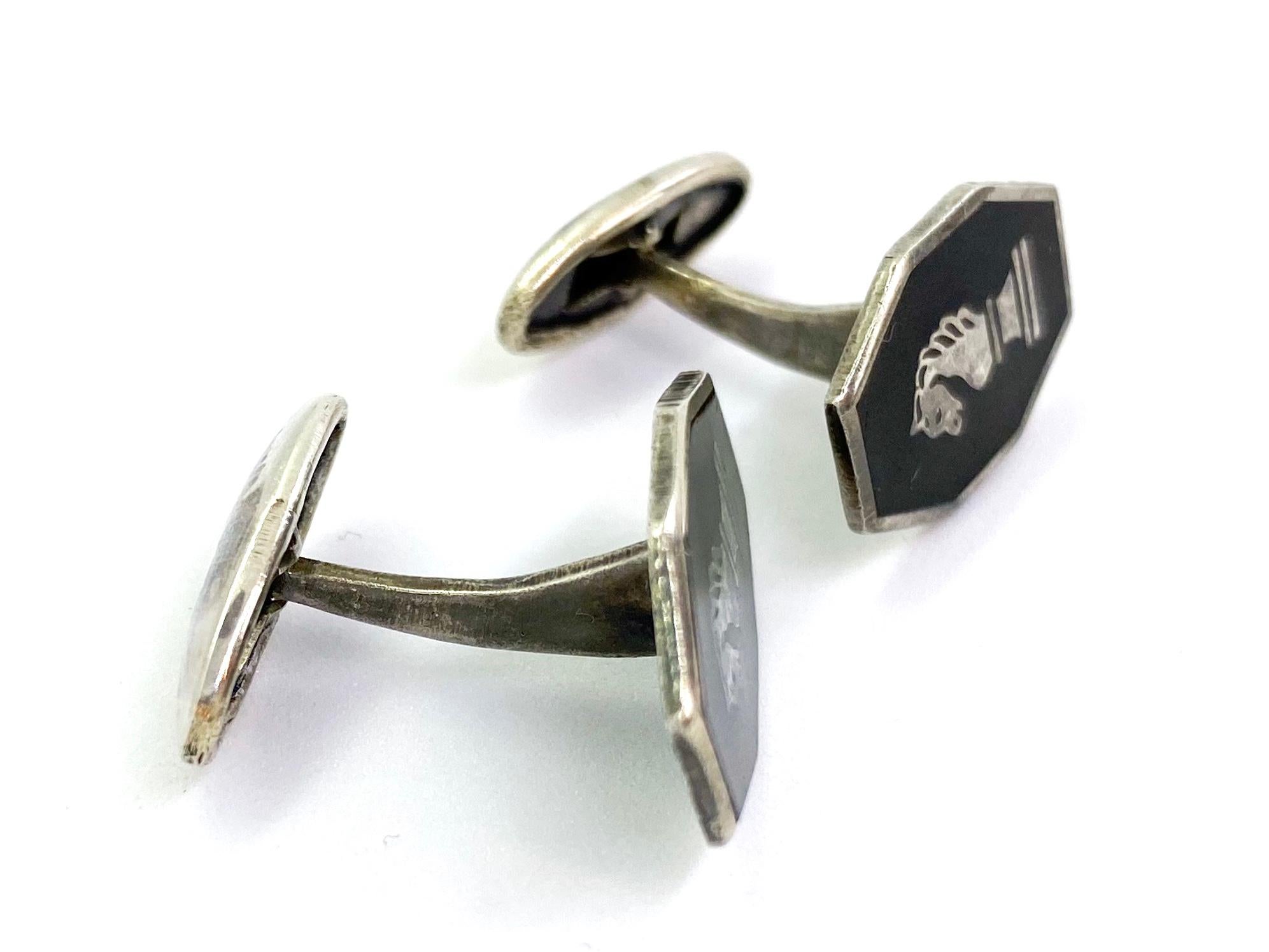 916 Silver Black Enamel Russia CCCP Cufflinks Soviet Silver.
Picture of a Chess game with a horse.
