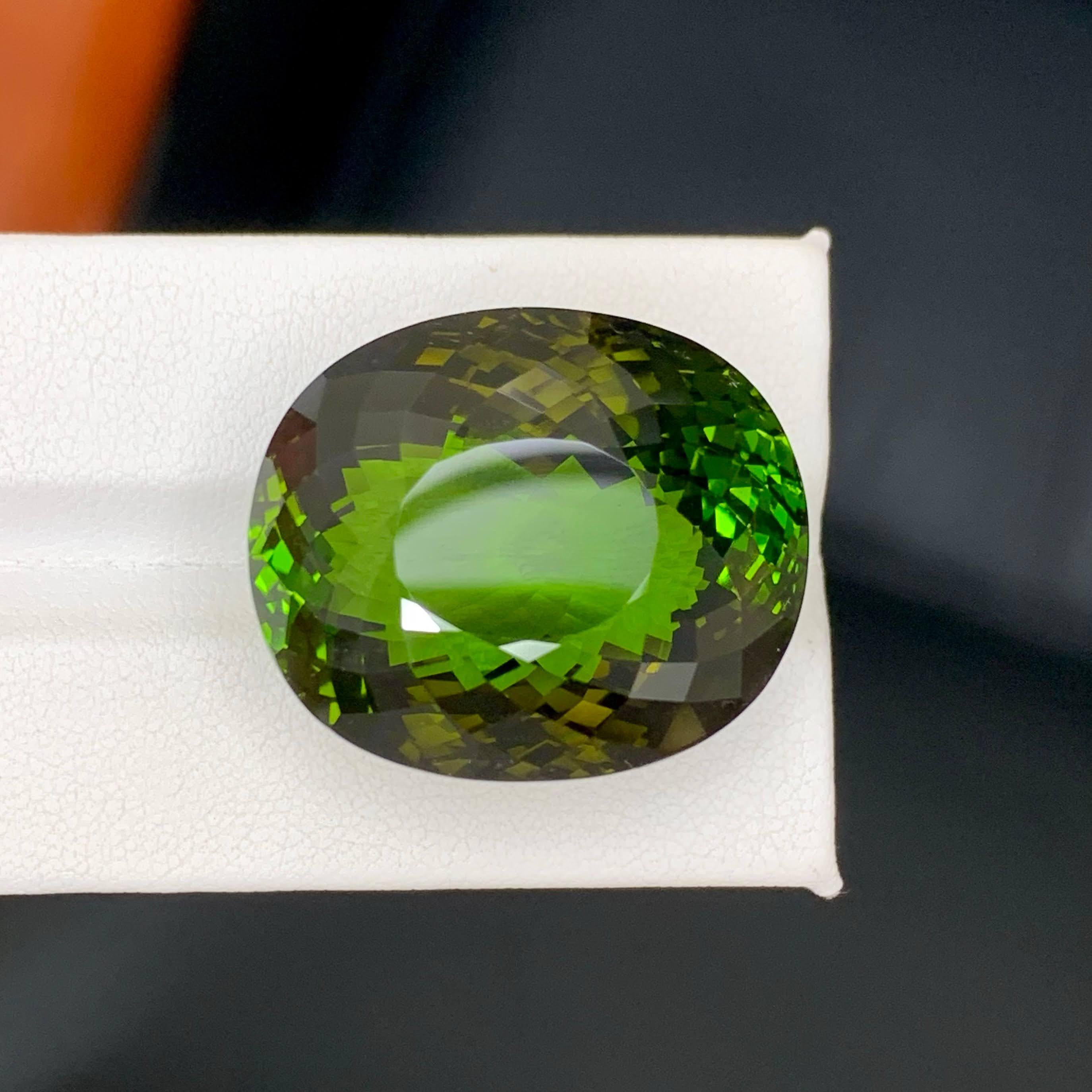 Gewicht 91,65 Karat 
Abmessungen 26.2x22.1x20.4mm
Behandlung Keine 
Herkunft Afrika 
Klarheit Auge sauber 
Form Schnitt Oval 




Dieser 91,65 Karat schwere, lose grüne Turmalin ist ein außergewöhnlicher Edelstein, der einen satten, grünen Farbton