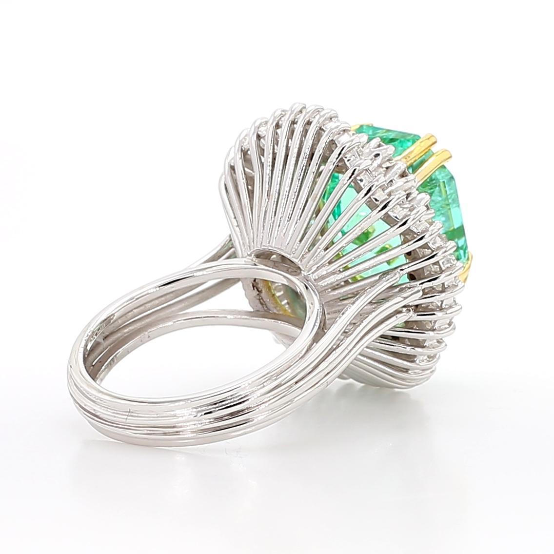Octagon Cut 9.17 Carat Octagon Chivor Emerald & Diamond Palladium Ballerina Ring For Sale