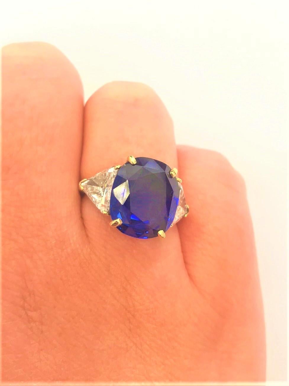 Women's 9.17 Carat Unheated Ceylon Blue Sapphire and Trilliant Diamond Three-Stone Ring