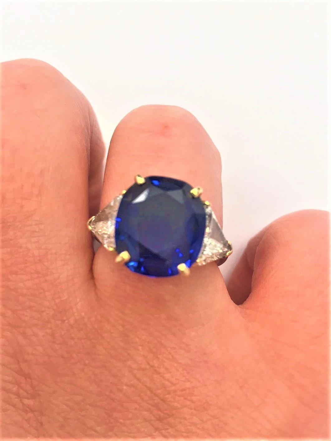 9.17 Carat Unheated Ceylon Blue Sapphire and Trilliant Diamond Three-Stone Ring 1