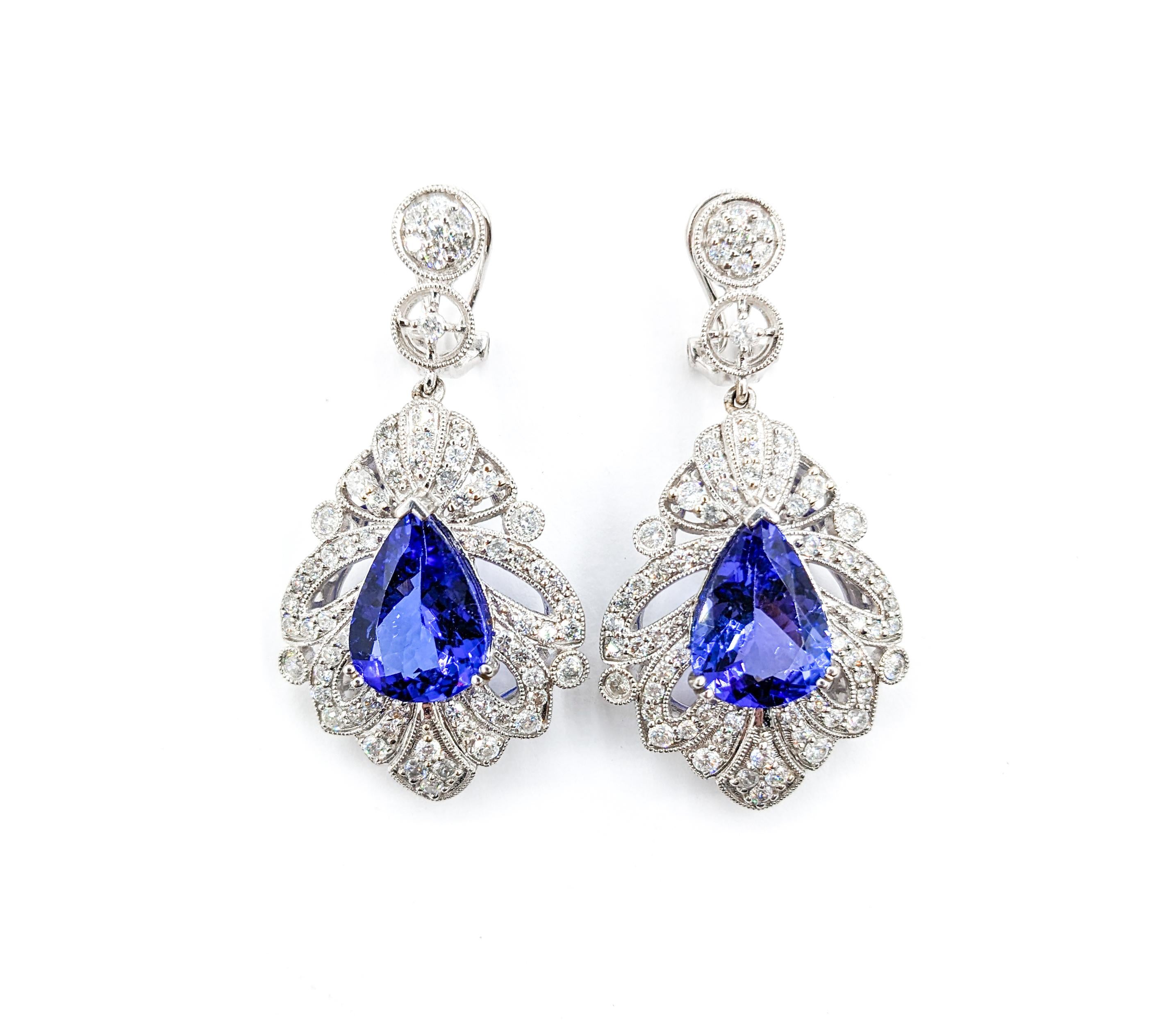 9.17ctw Tanzanite & 2.34ctw Diamond Dangle Earrings In White Gold For Sale 3