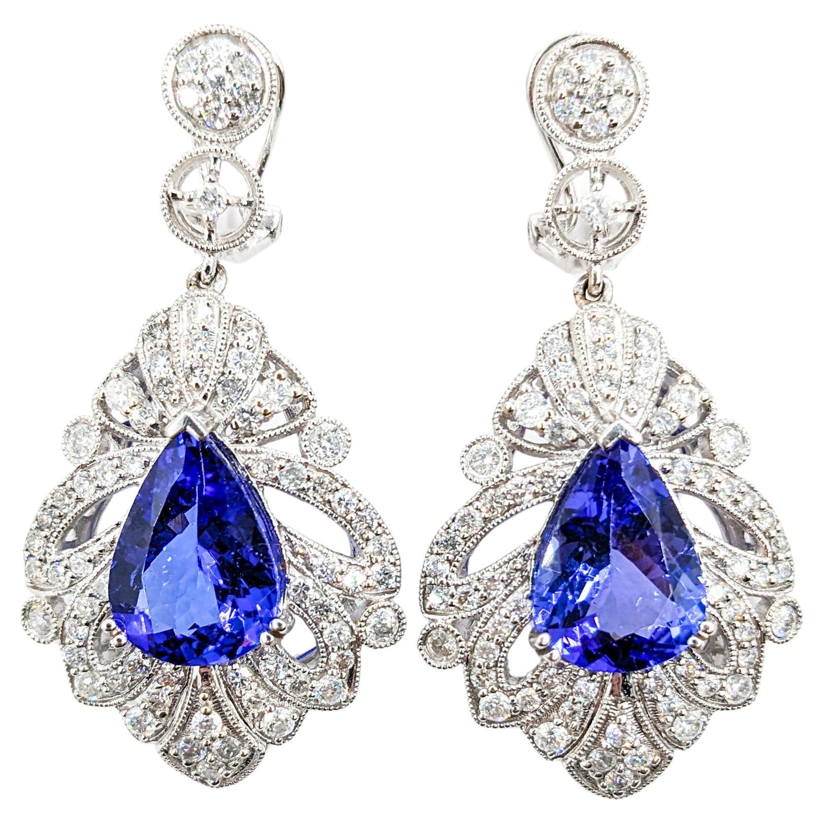 9.17ctw Tanzanite & 2.34ctw Diamond Dangle Earrings In White Gold For Sale