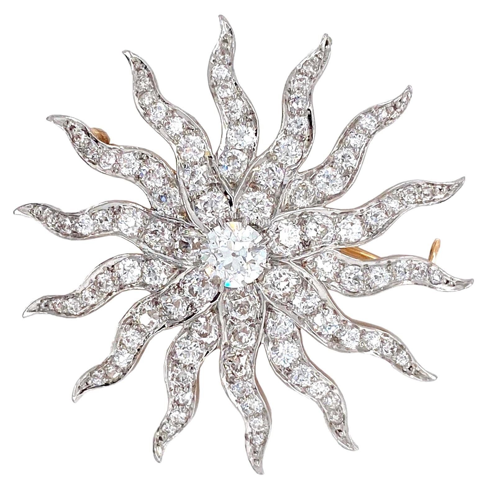 9.18 Carat Antique Diamond Sunburst Brooch/Pendant Platinum/14 Karat