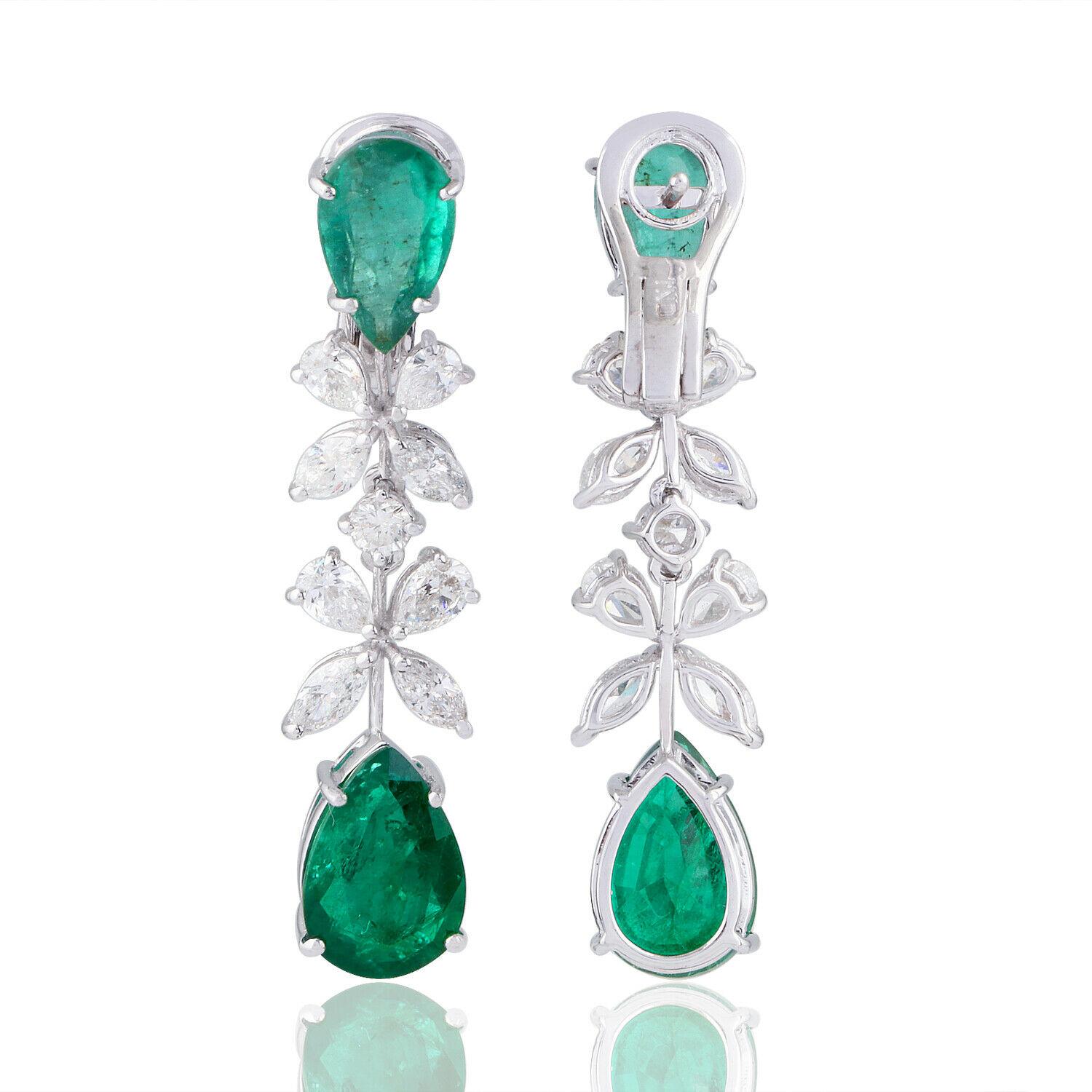 Pear Cut 9.18 Carat Emerald Diamond 18 Karat White Gold Earrings For Sale