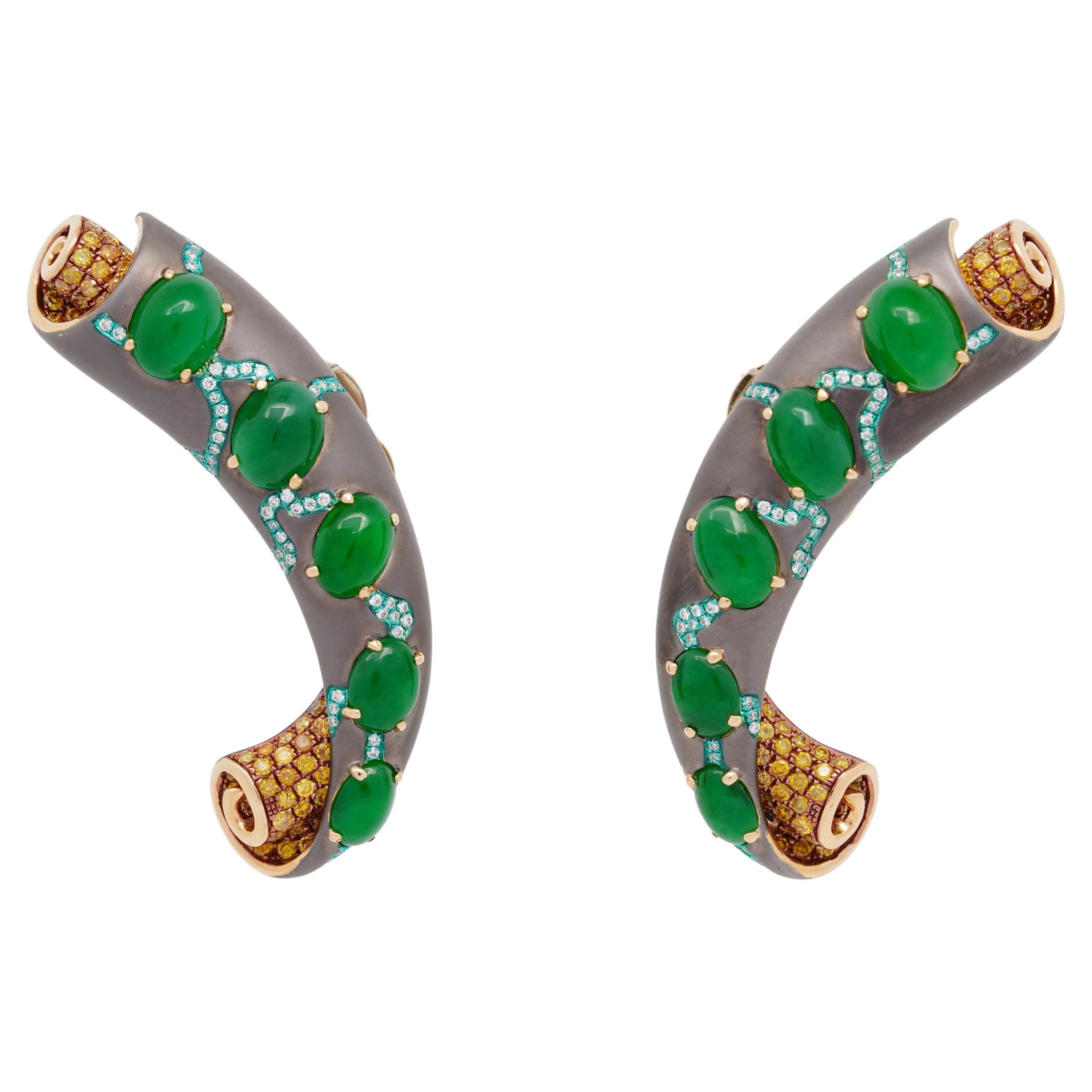 Natural Green Jade & 2.1 Carats Diamond Parchment Earrings, 18K Gold, Austy Lee