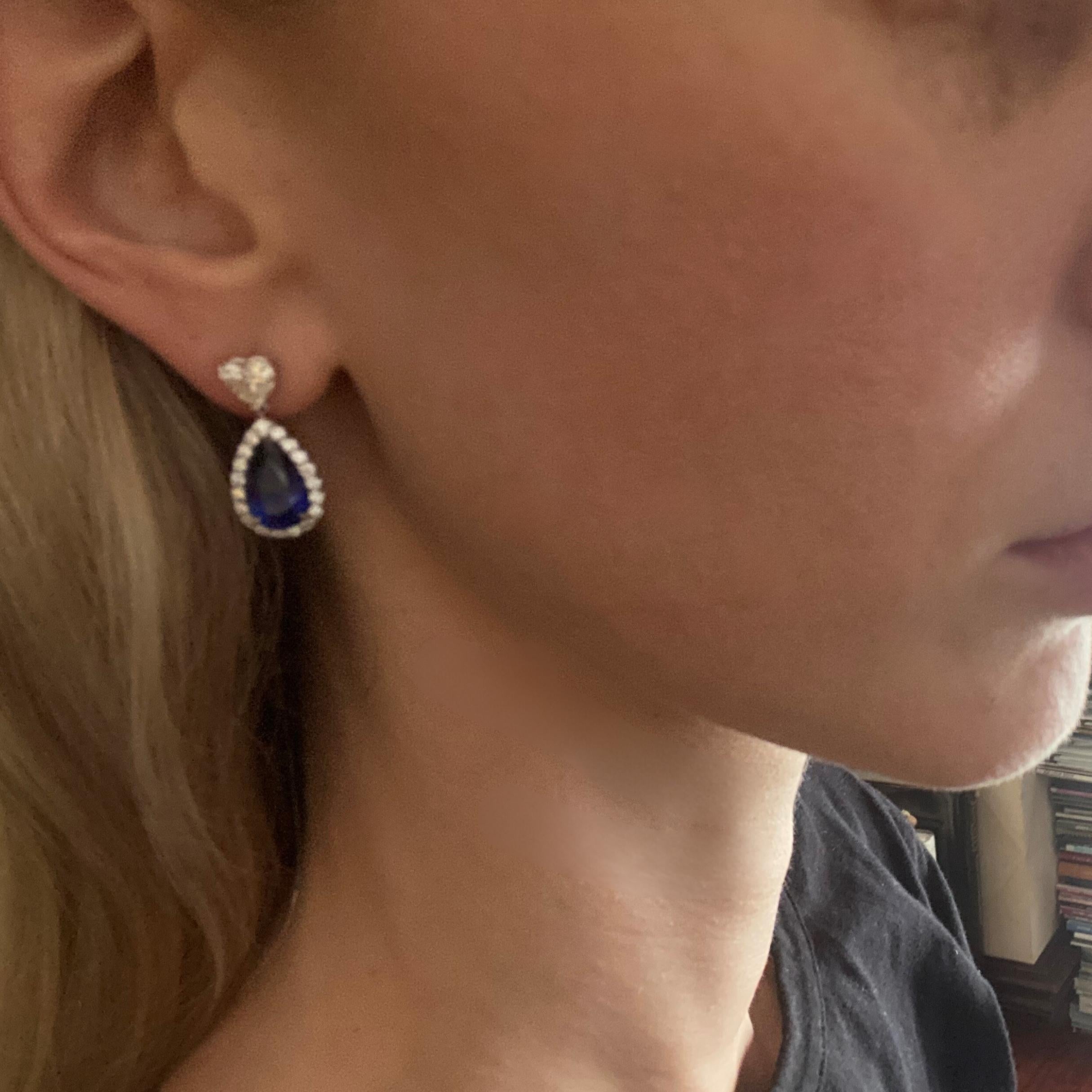 Pear Cut 9.18ct Pear Shape Sapphire & Heart Shape Diamond Earrings in 18KT Gold For Sale