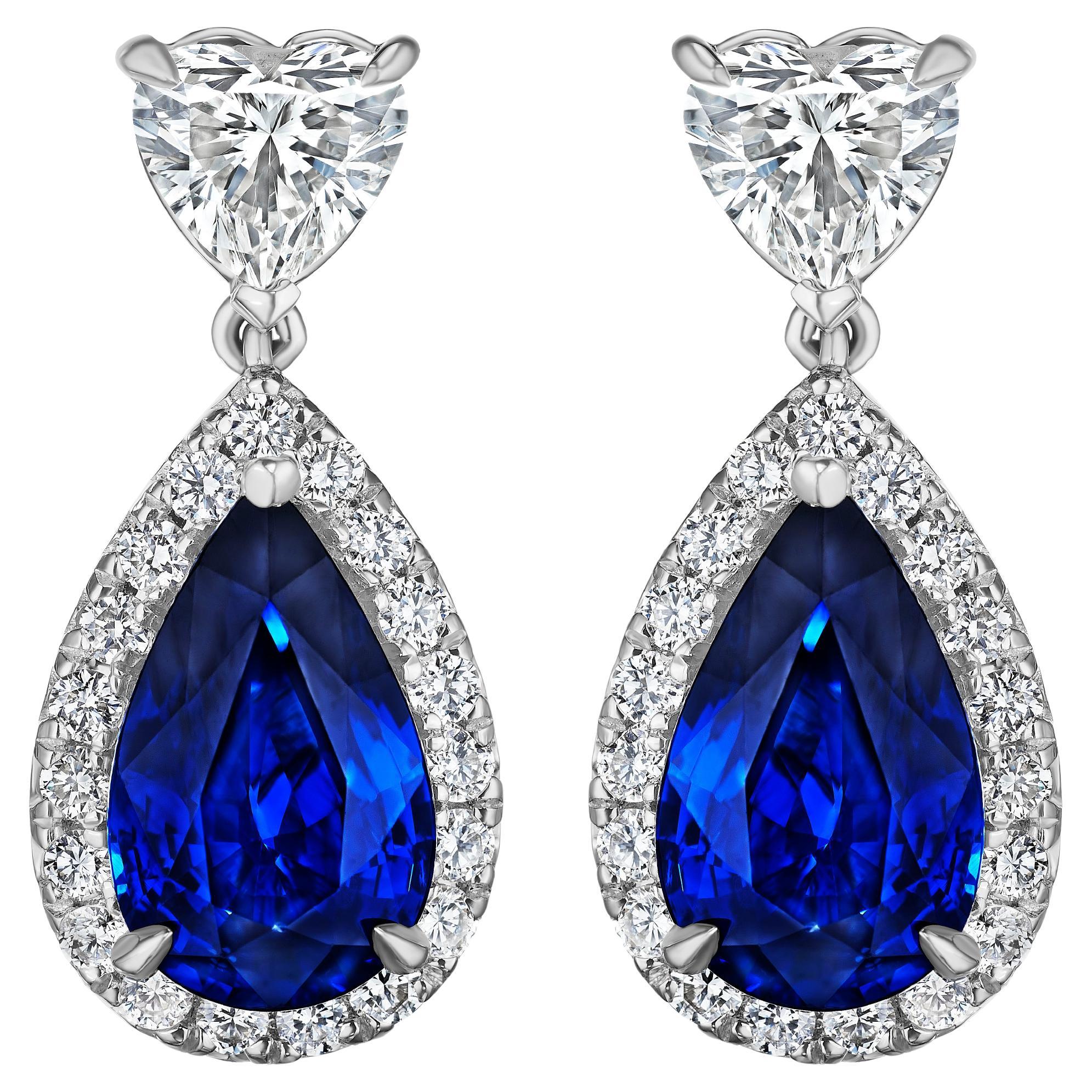 9.18ct Pear Shape Sapphire & Heart Shape Diamond Earrings in 18KT Gold For Sale